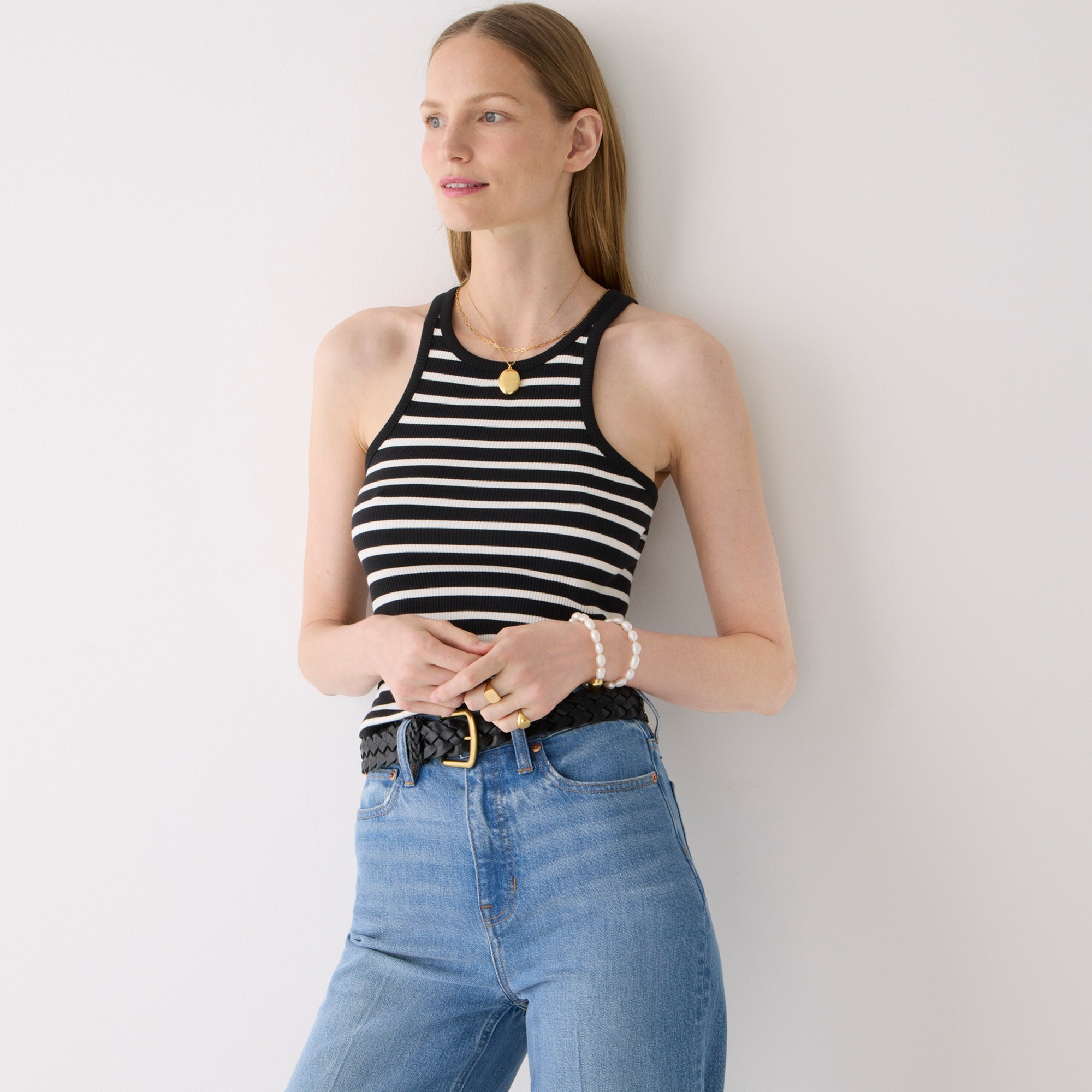 Vintage rib high-neck cutaway tank top in stripe