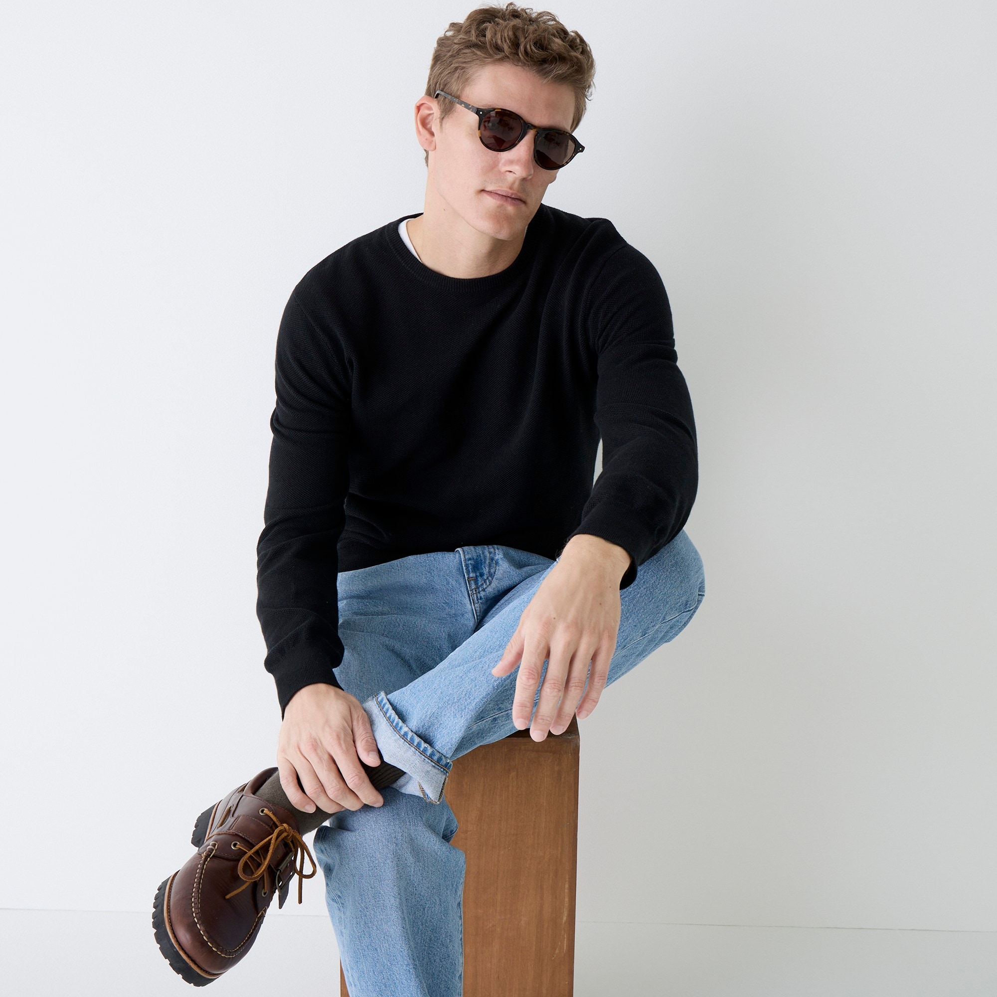Cotton piqué-stitch crewneck sweater