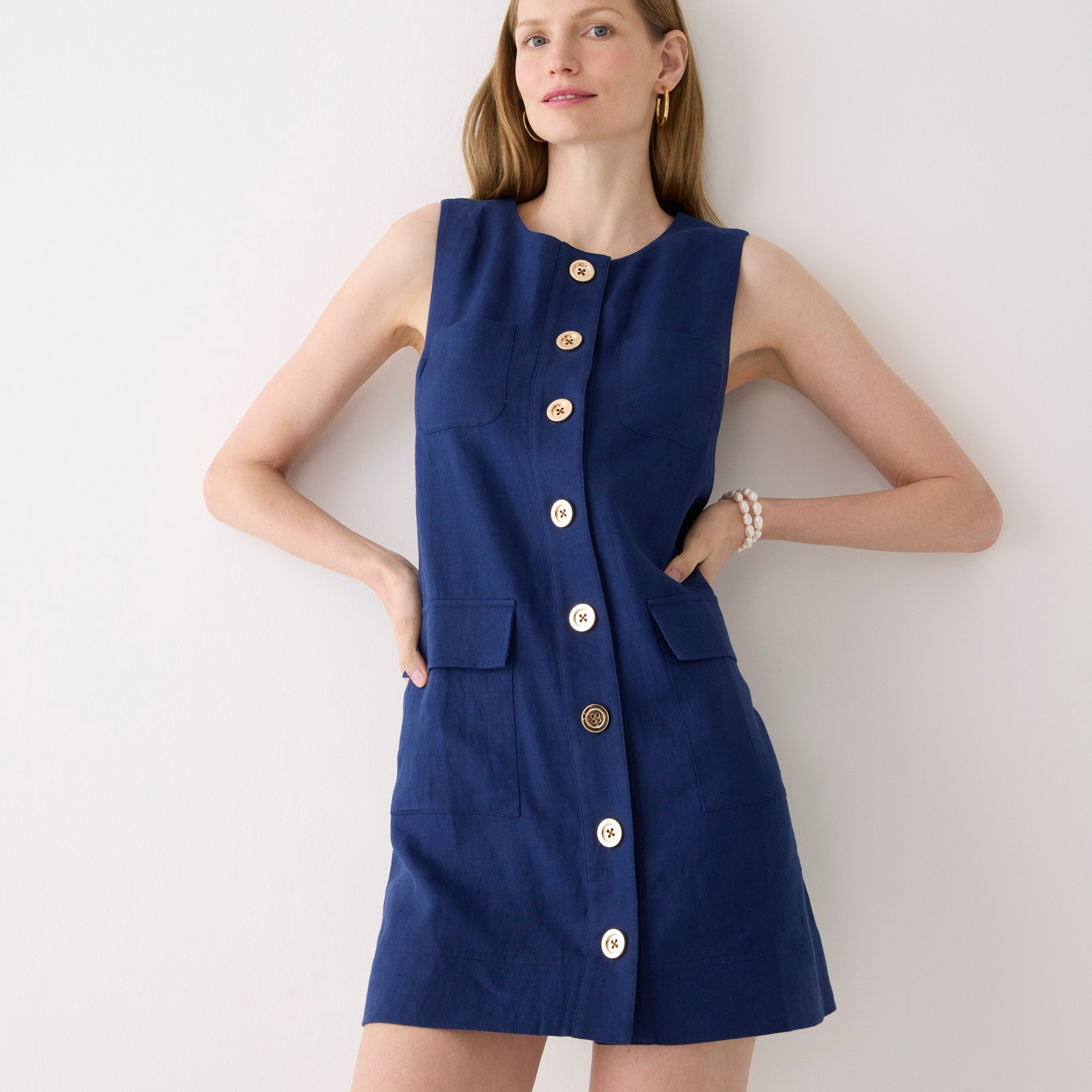 Button-front shift dress in linen