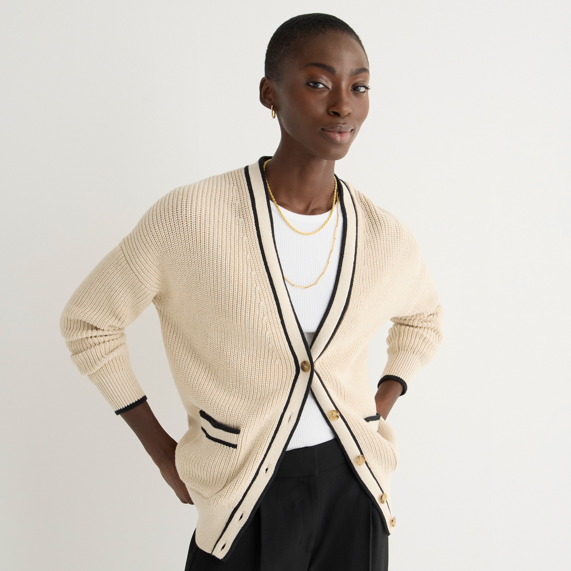 Tipped V-neck cotton cardigan sweater