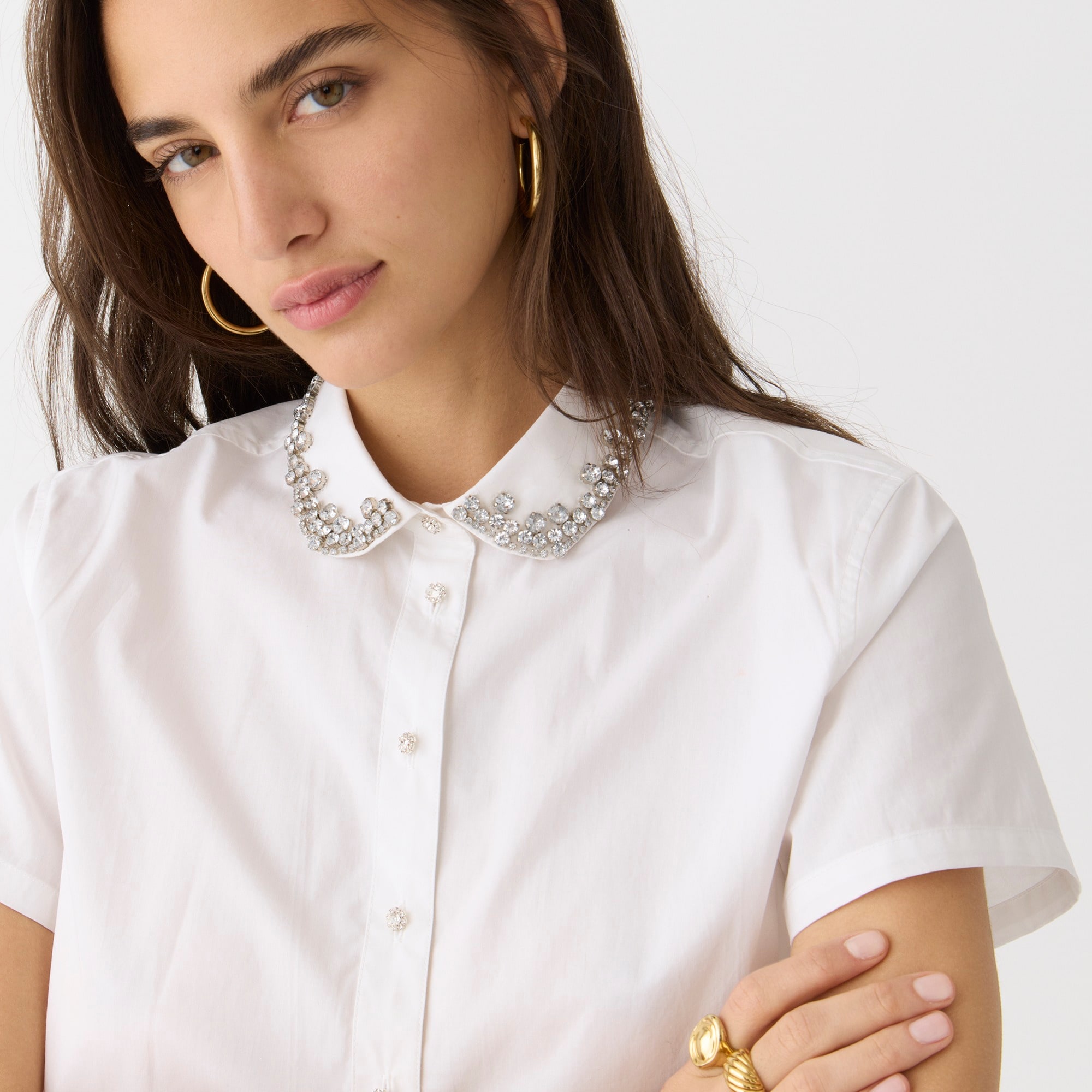 Collection embellished cropped button-up shirt in cotton poplin