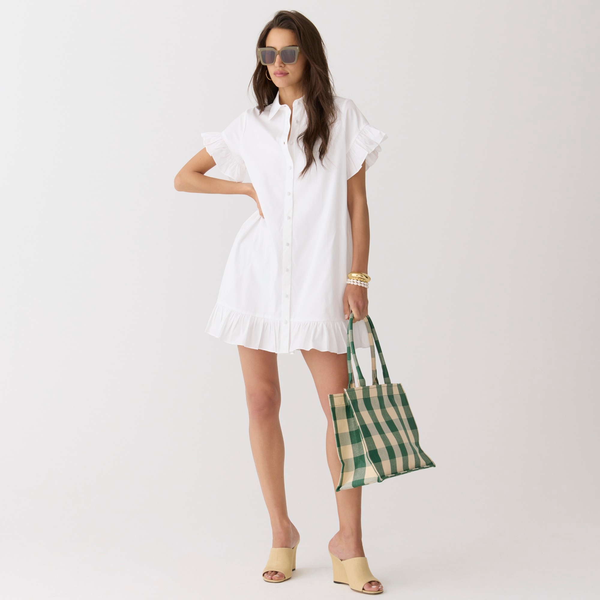 Ruffle-hem shirtdress in cotton poplin