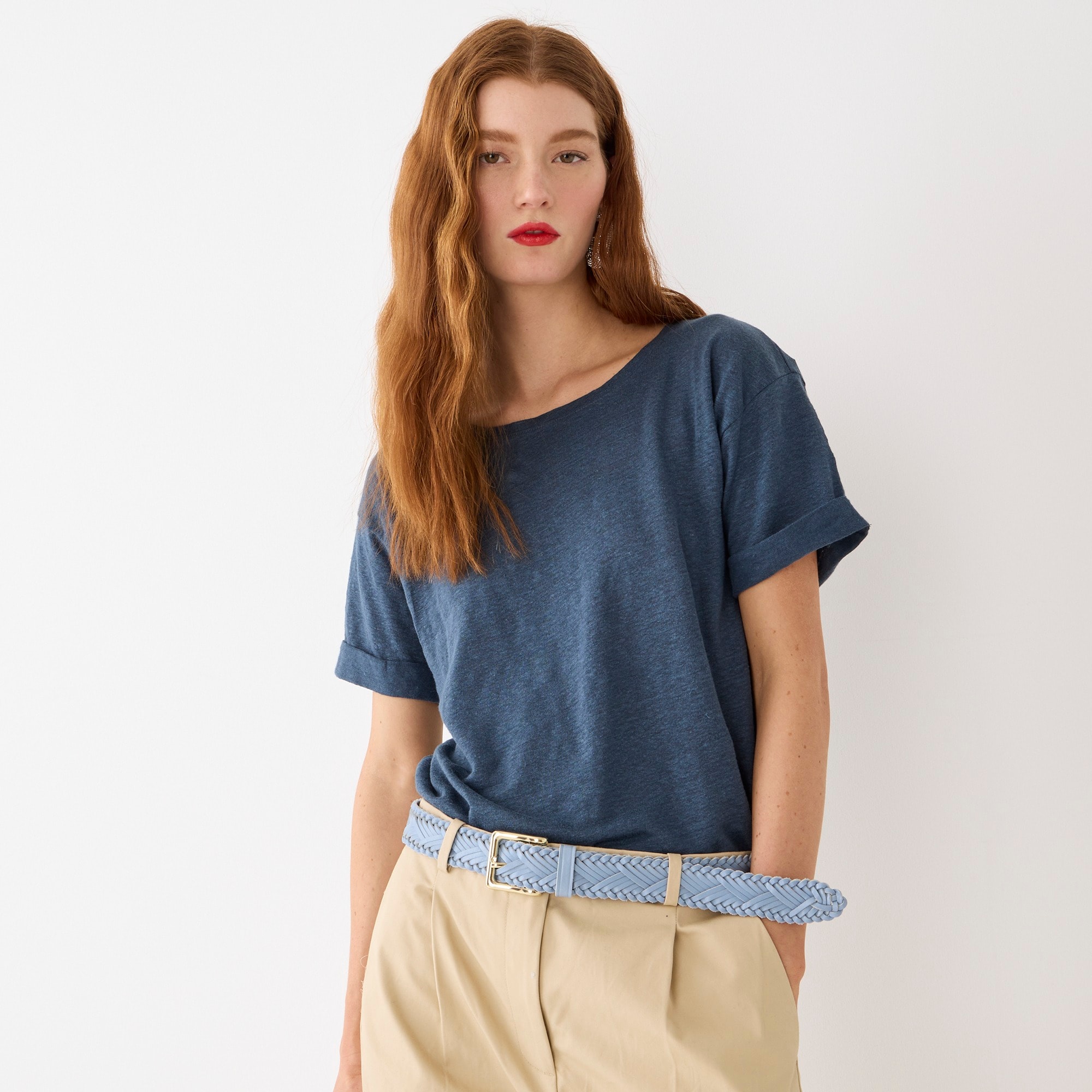 Linen roll-cuff crewneck T-shirt