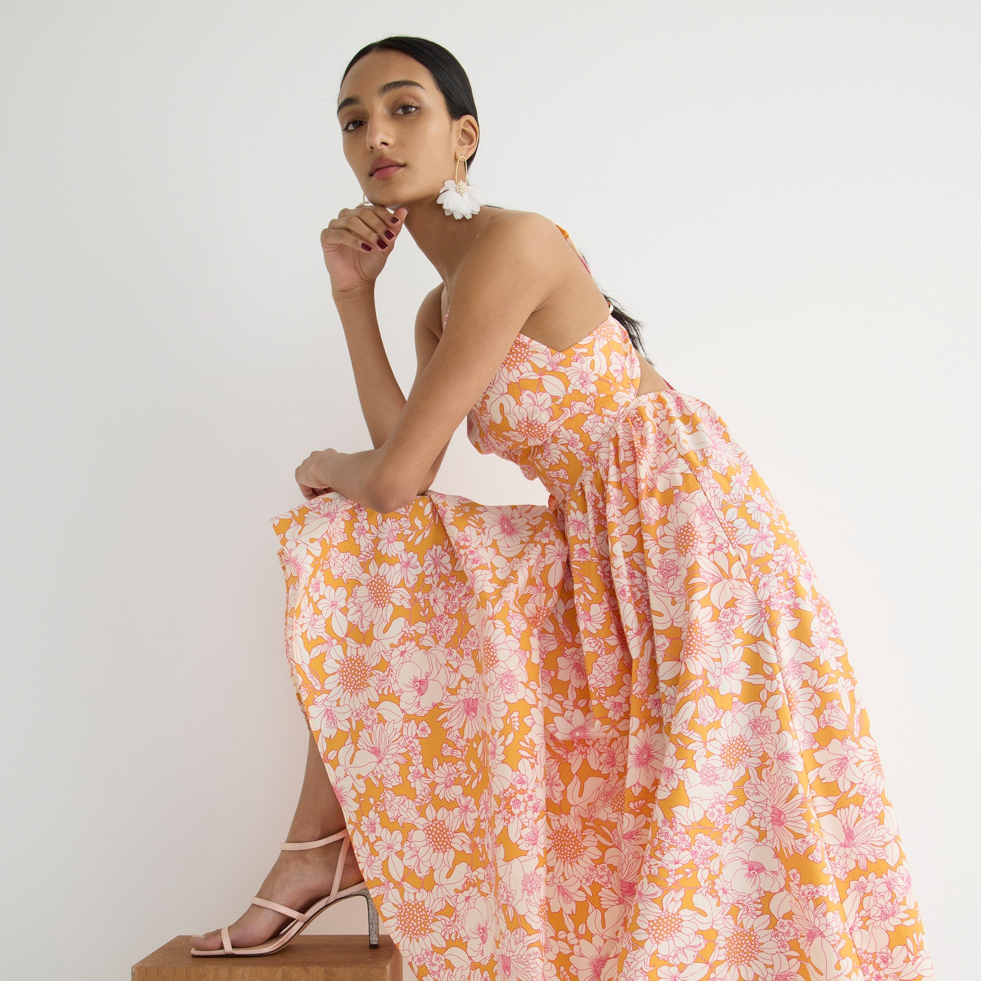 Collection side-cutout midi dress in orange floral cotton poplin