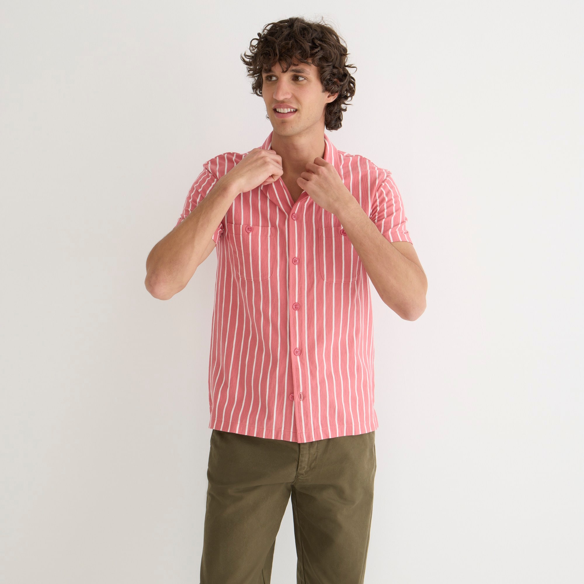 Short-sleeve cotton knit camp-collar shirt in stripe