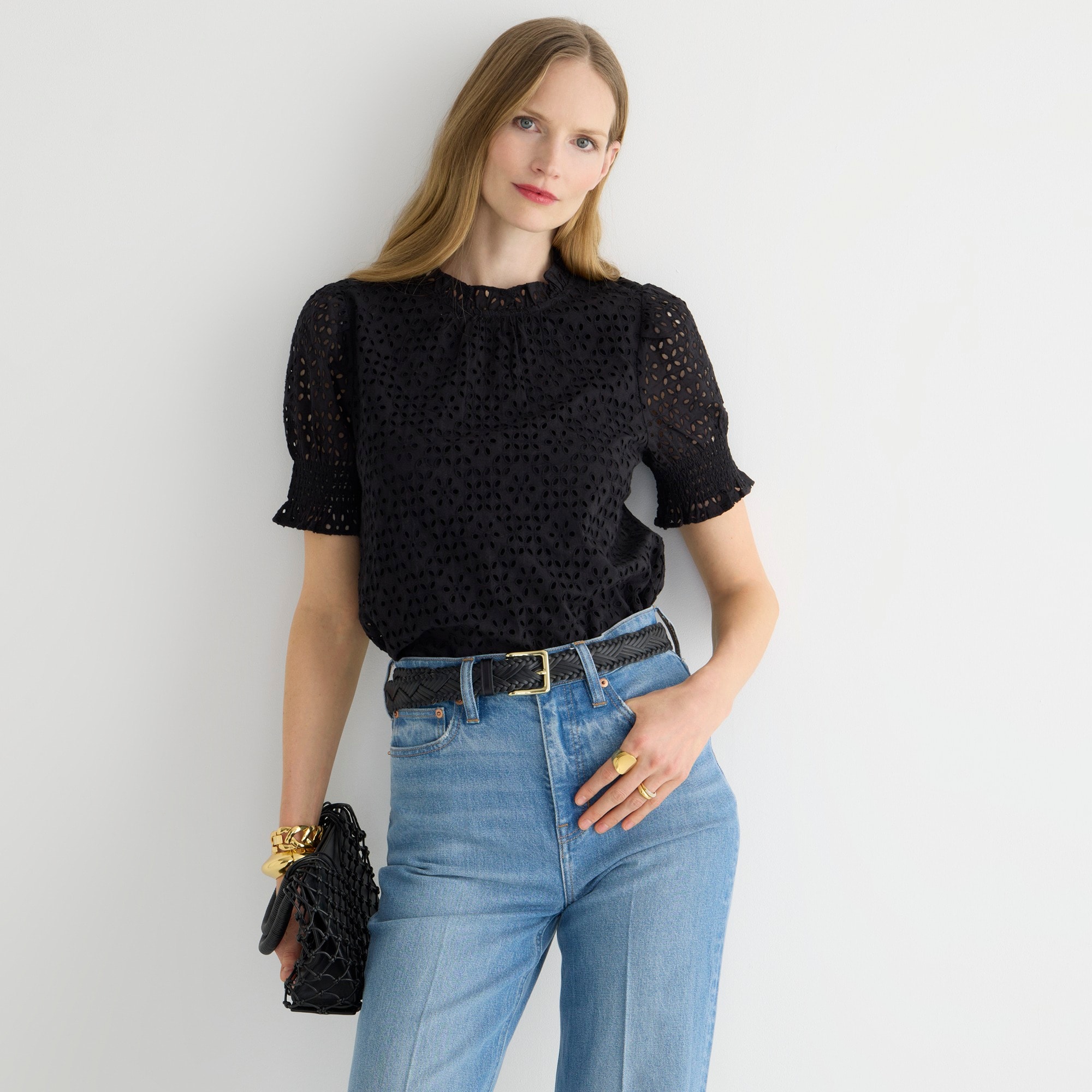 Smocked puff-sleeve top in eyelet