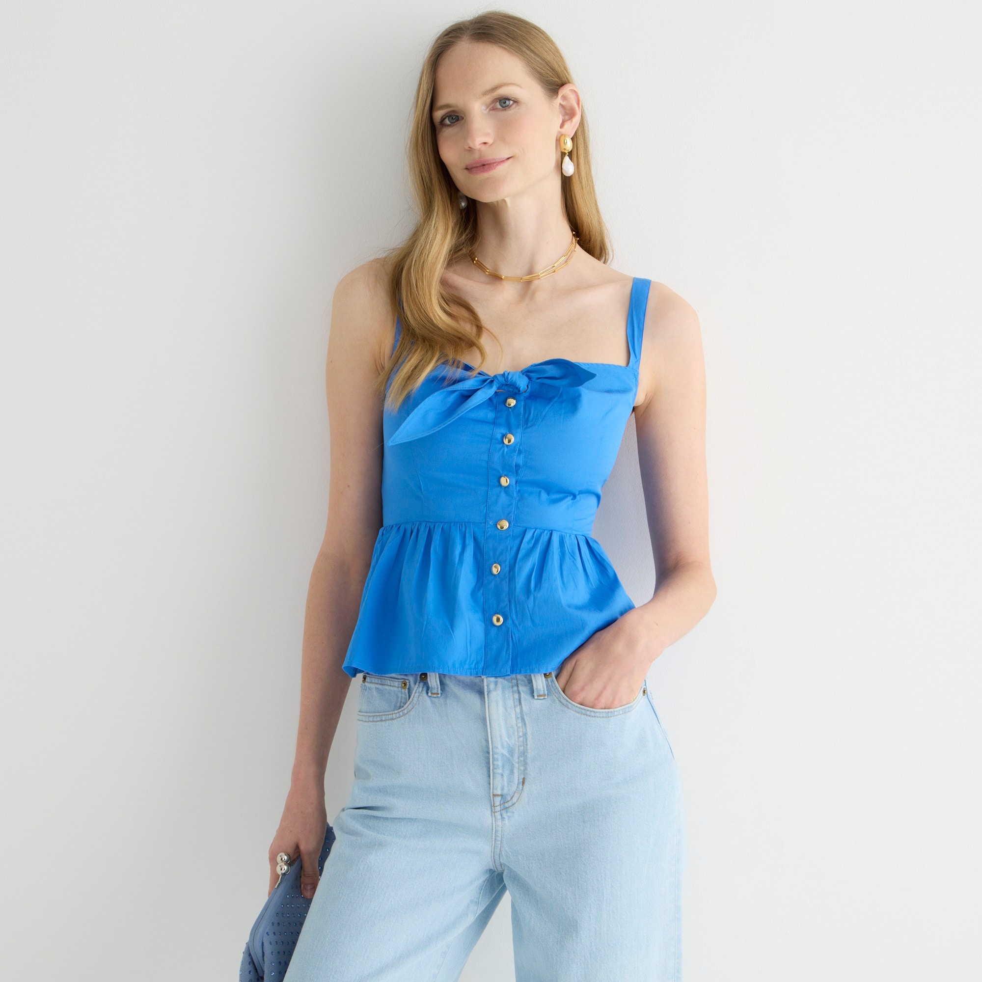Tie-front button-up peplum top in cotton poplin
