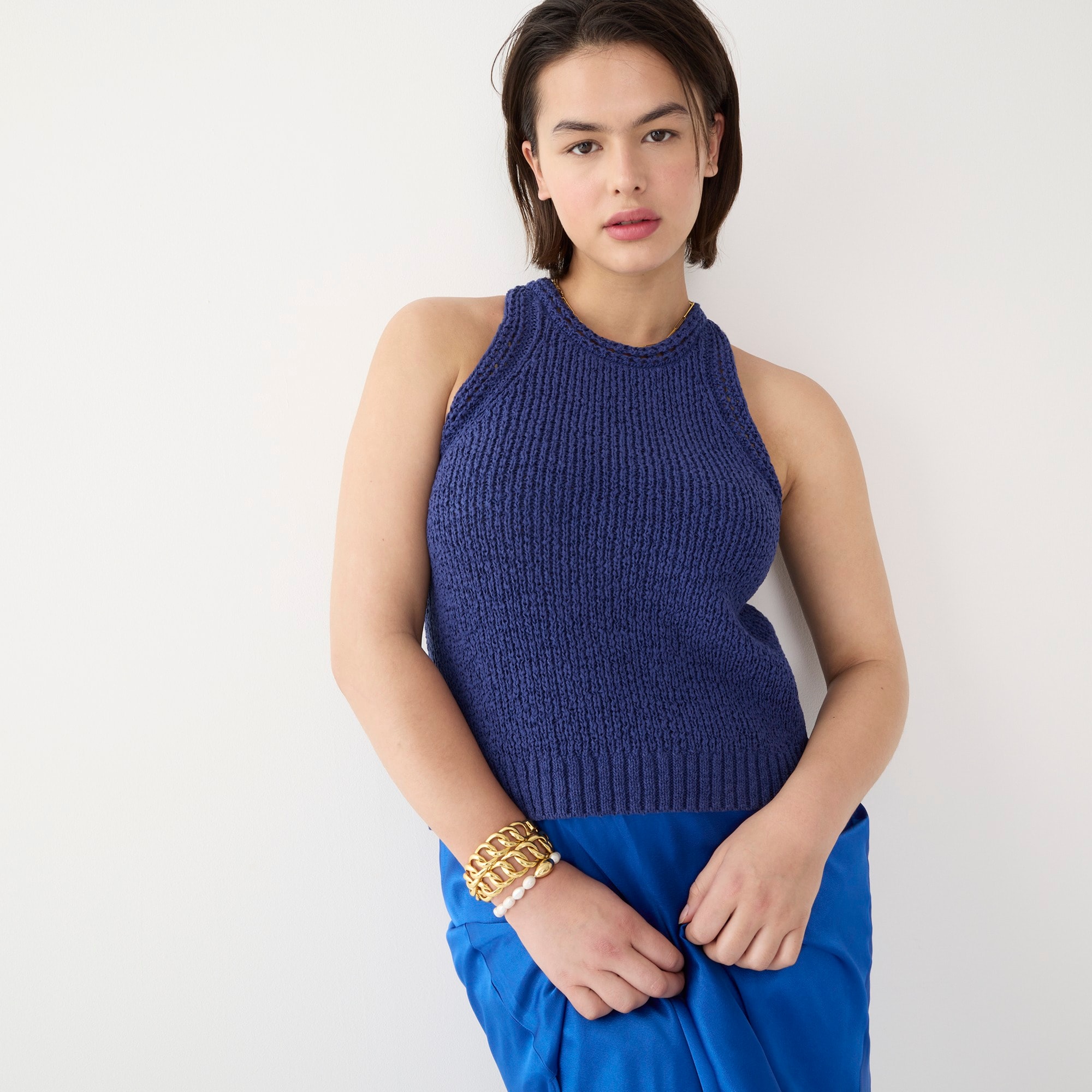 High-neck textured pointelle sweater-tank