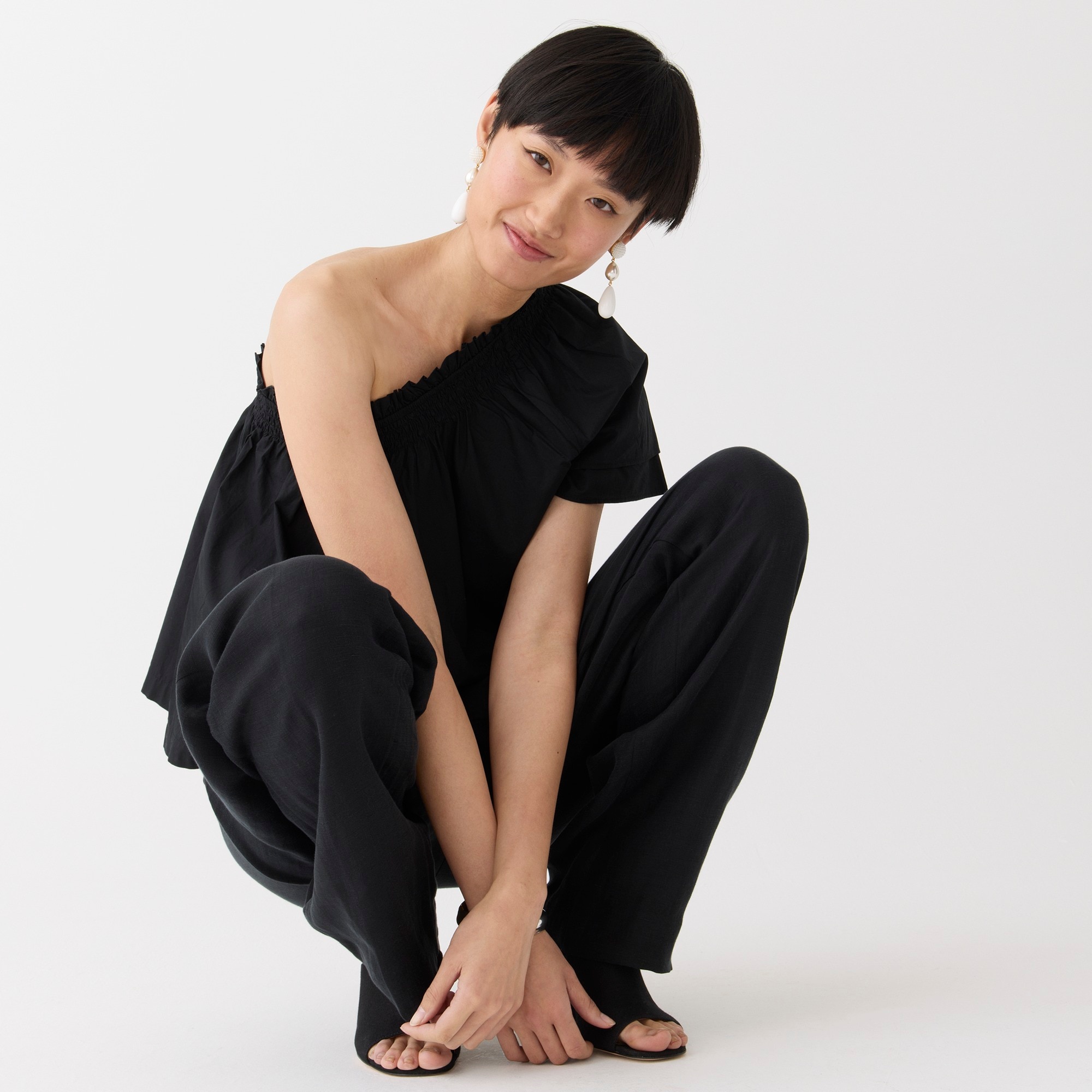 Smocked one-shoulder top in cotton poplin