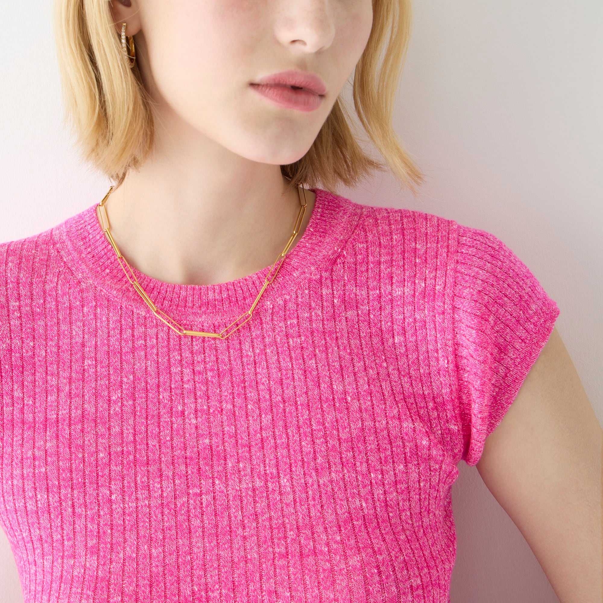 Cap-sleeve crewneck sweater T-shirt in merino-linen blend