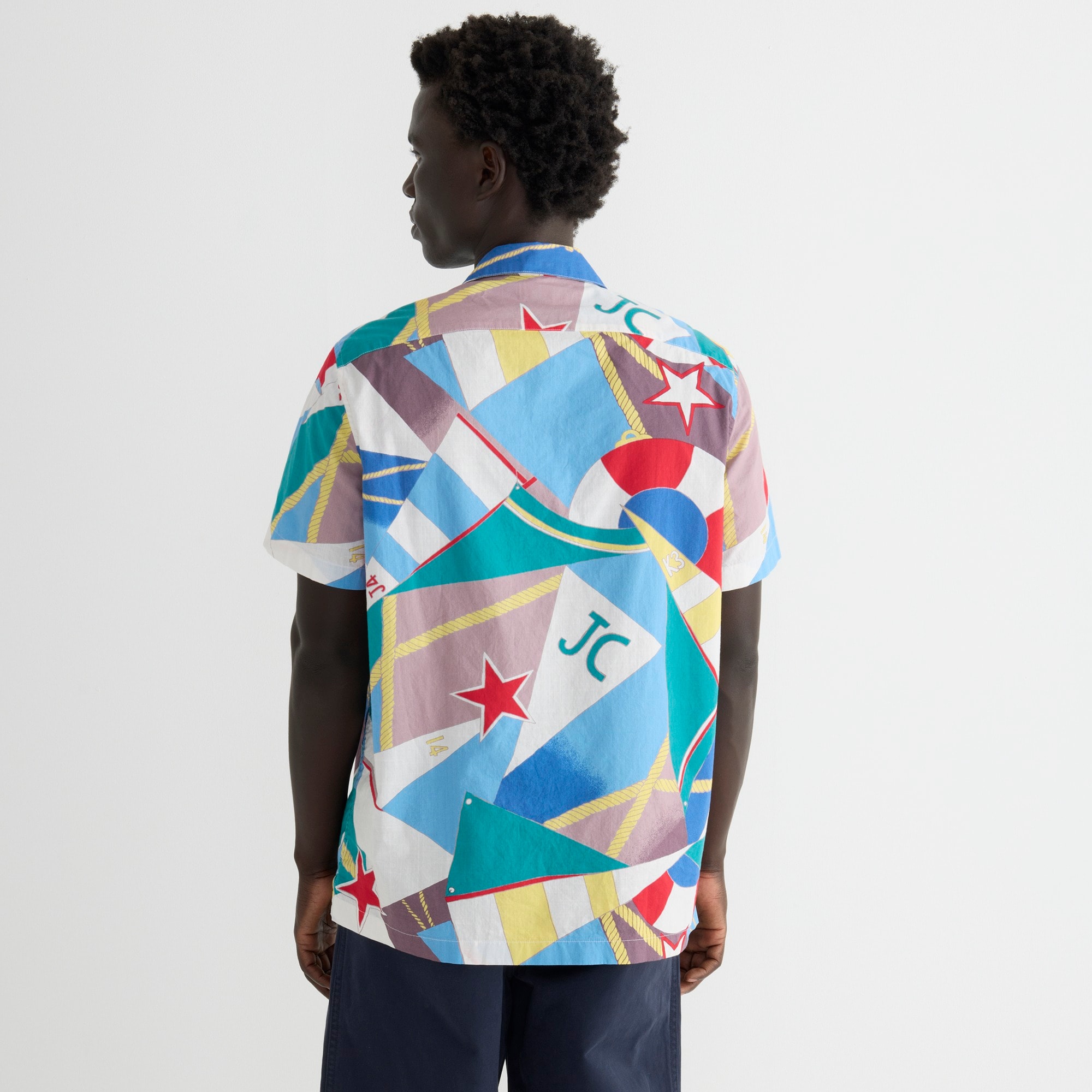 Short-sleeve slub cotton camp-collar shirt in print
