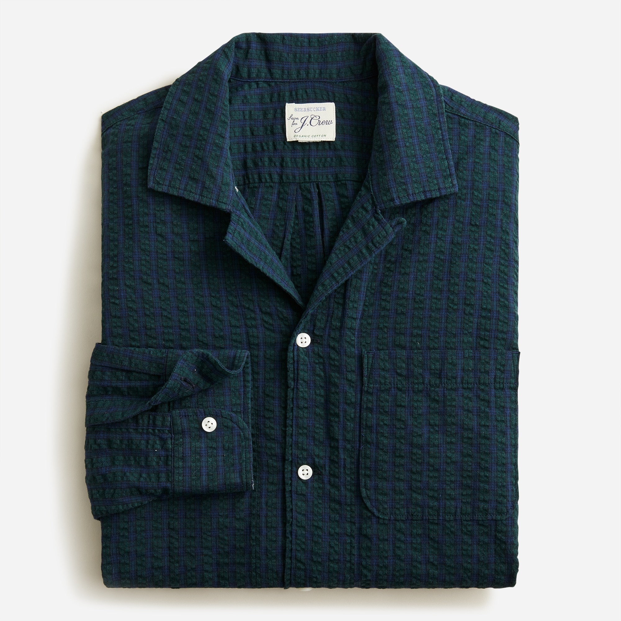 Organic seersucker three-pocket camp-collar shirt