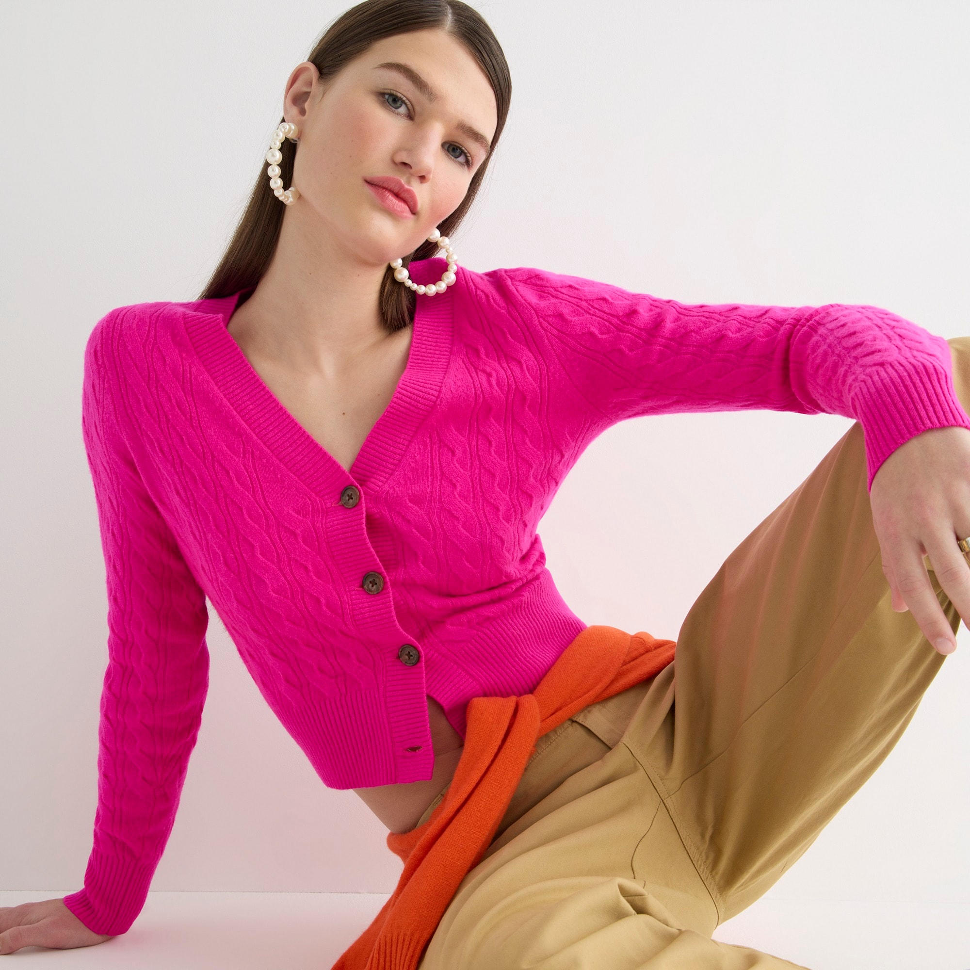 Cashmere cropped cable-knit V-neck cardigan sweater