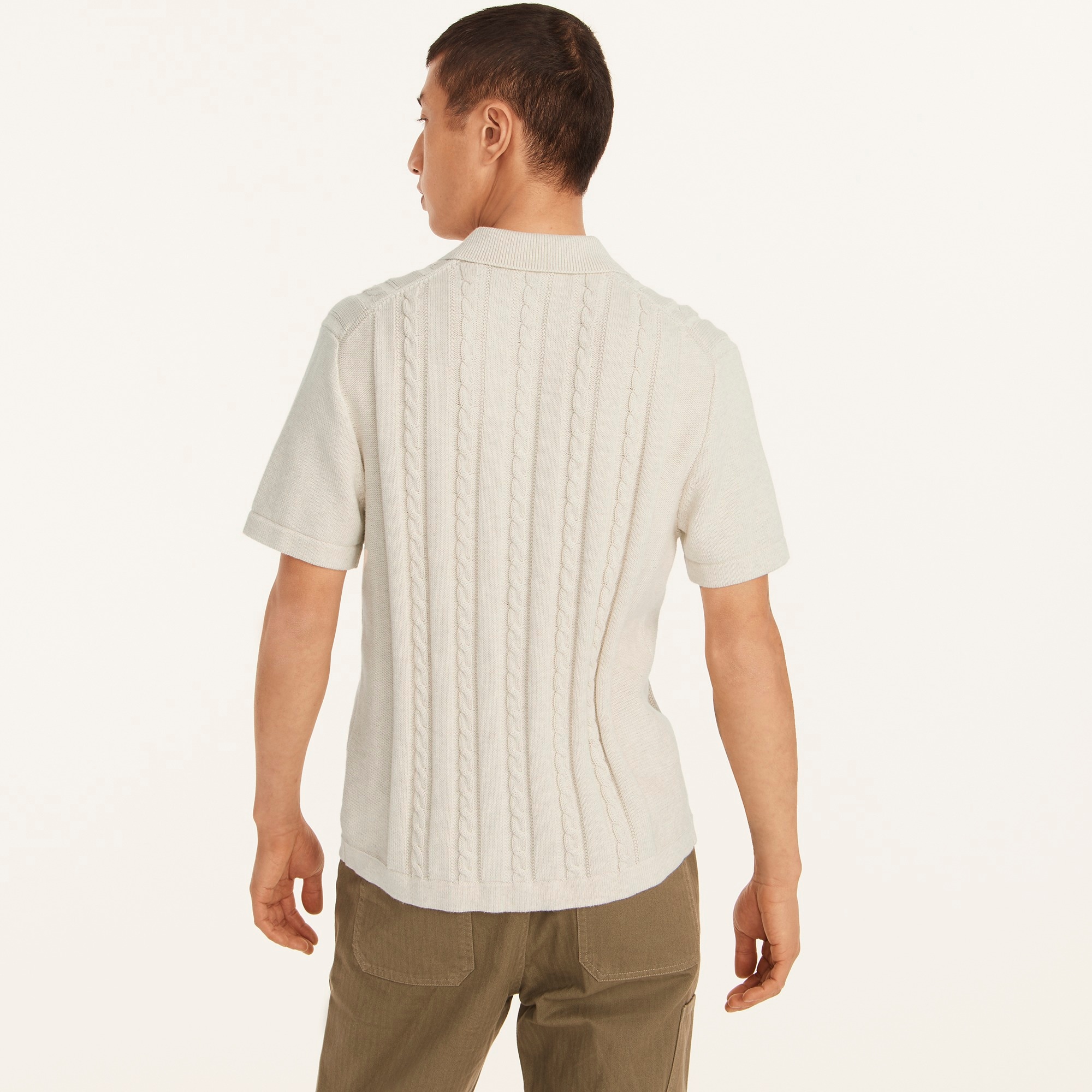 Cotton cable-knit short-sleeve polo cardigan sweater