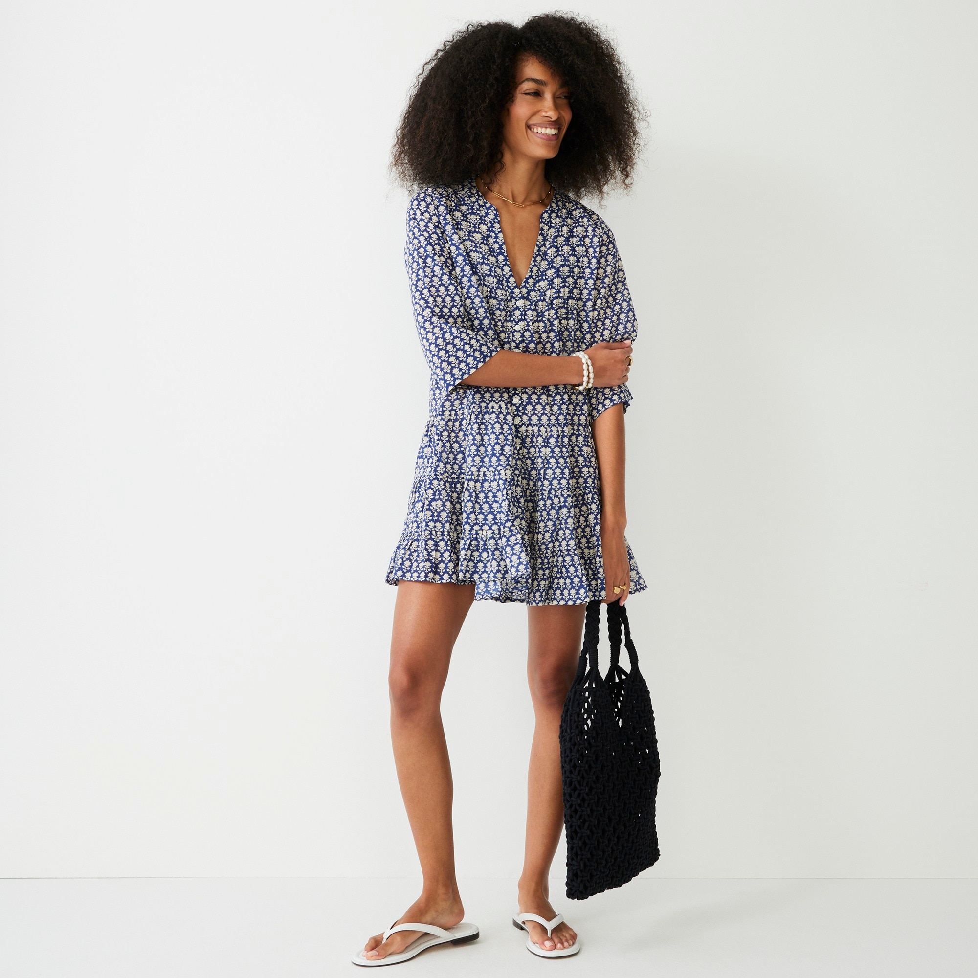 Cotton voile button-front cover-up dress in blue stamp floral
