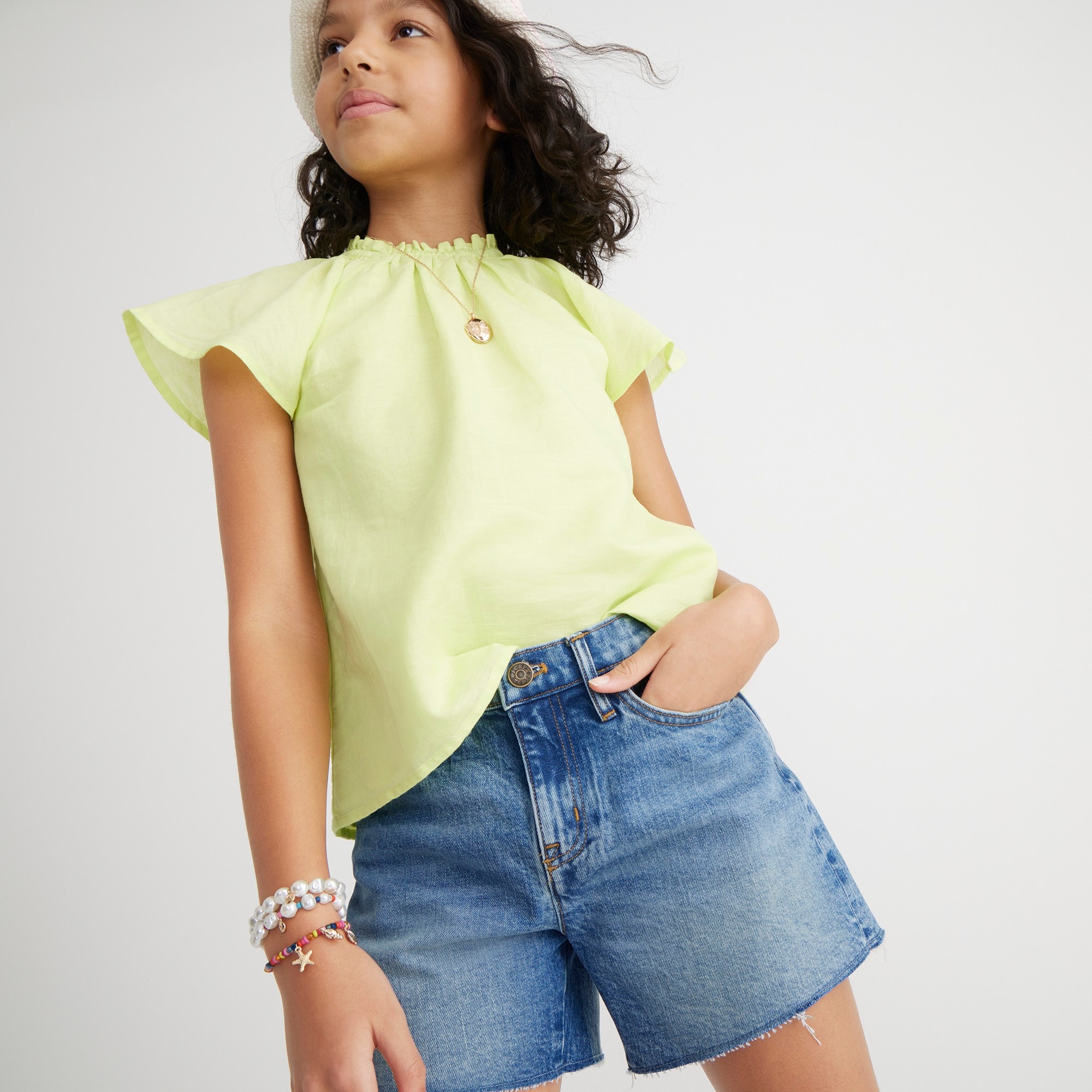 Girls' flutter-sleeve top in linen blend