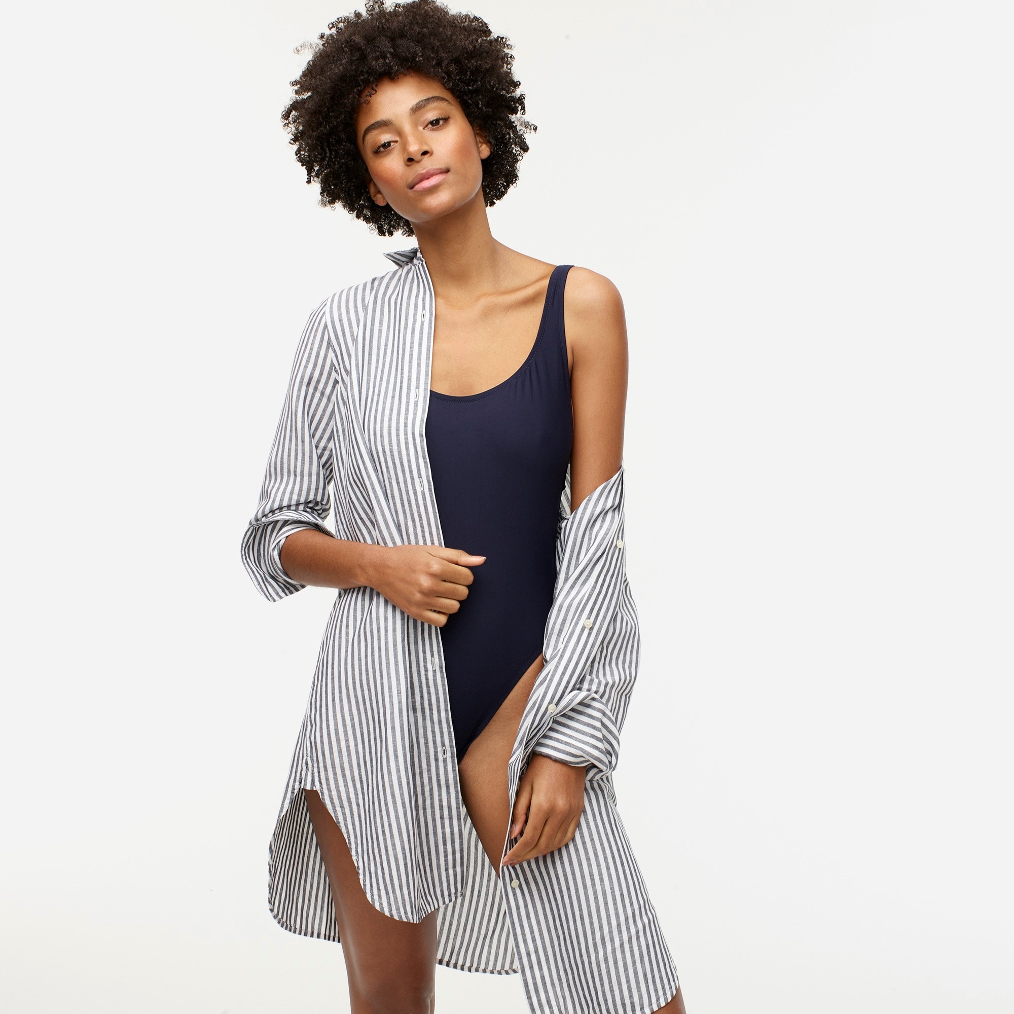 Linen-cotton beach shirt in stripe