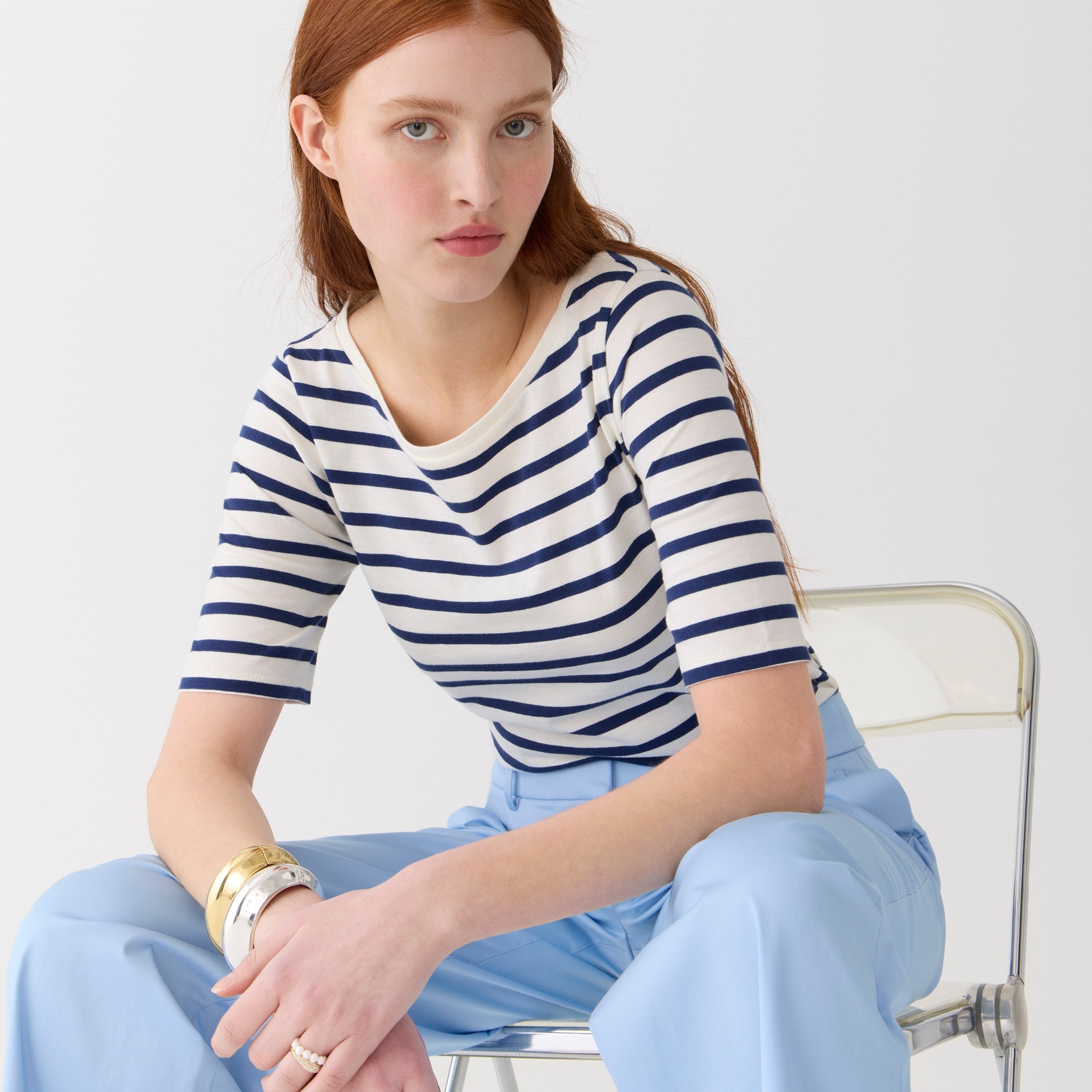 Elbow-sleeve T-shirt in striped organic slub cotton