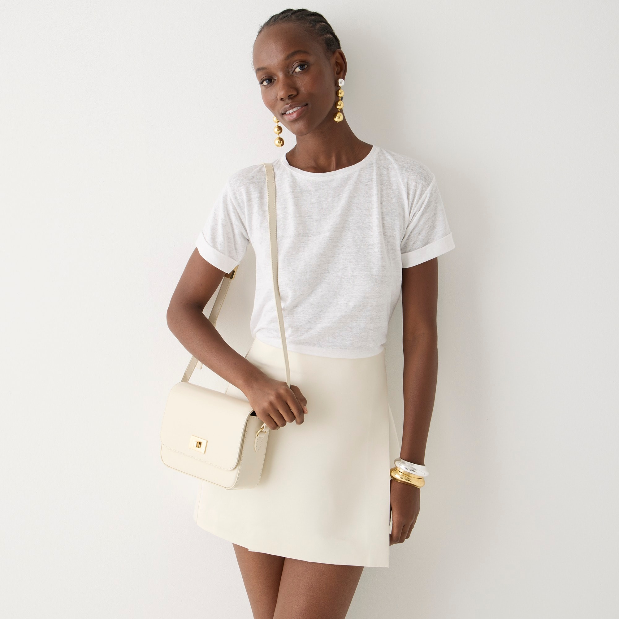 Linen roll-cuff crewneck T-shirt