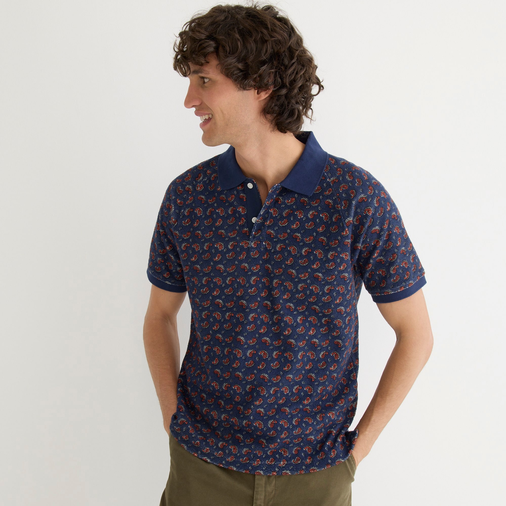 Raglan-sleeve terry polo shirt in print