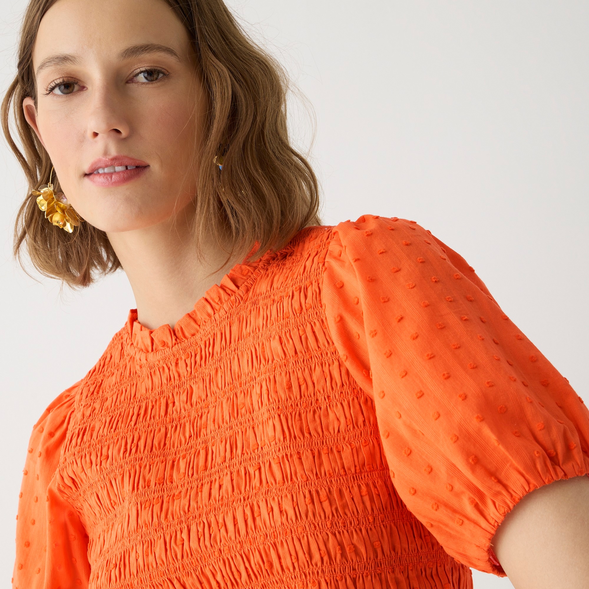 Puff-sleeve textured voile smocked top