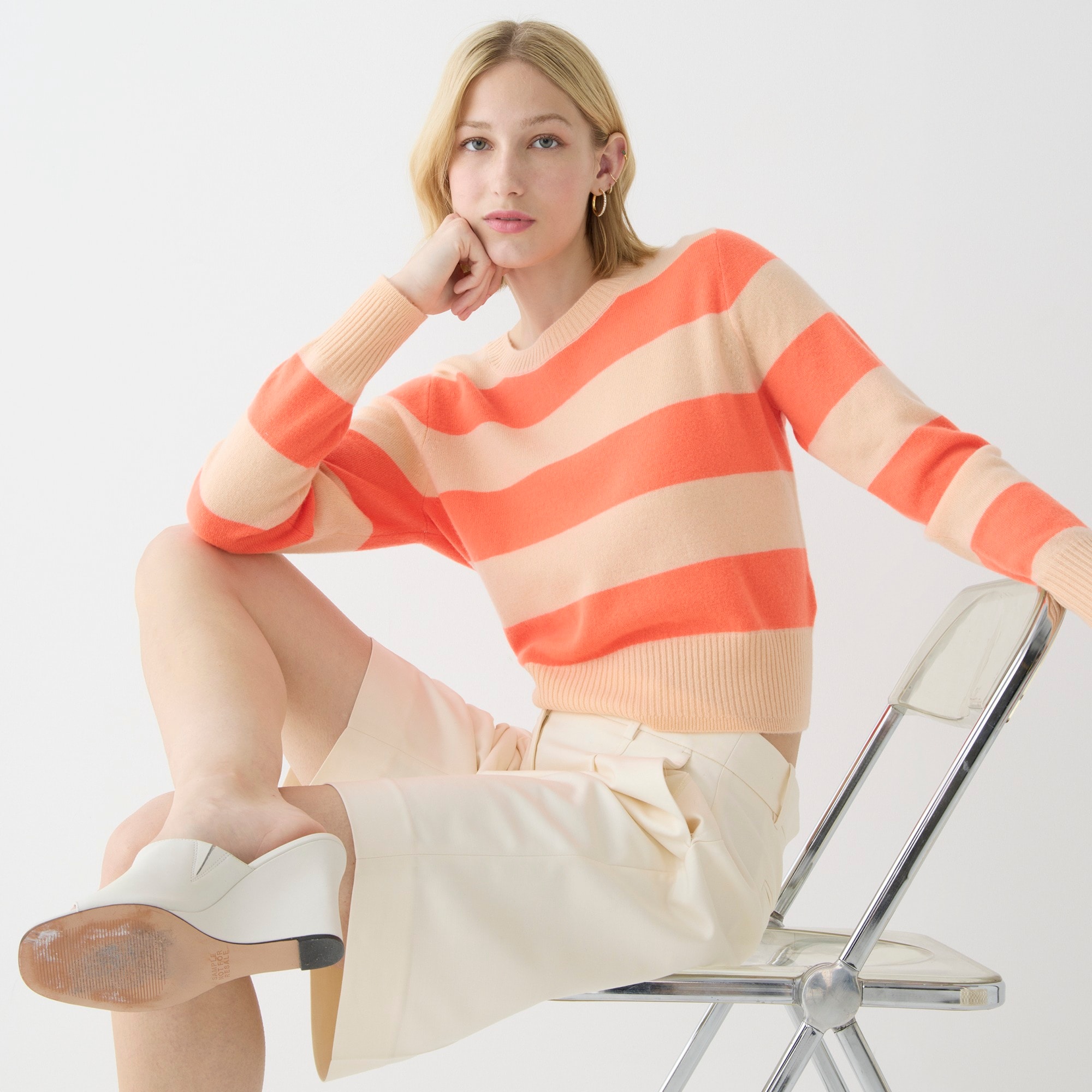 Cropped cashmere crewneck sweater in rugby stripe