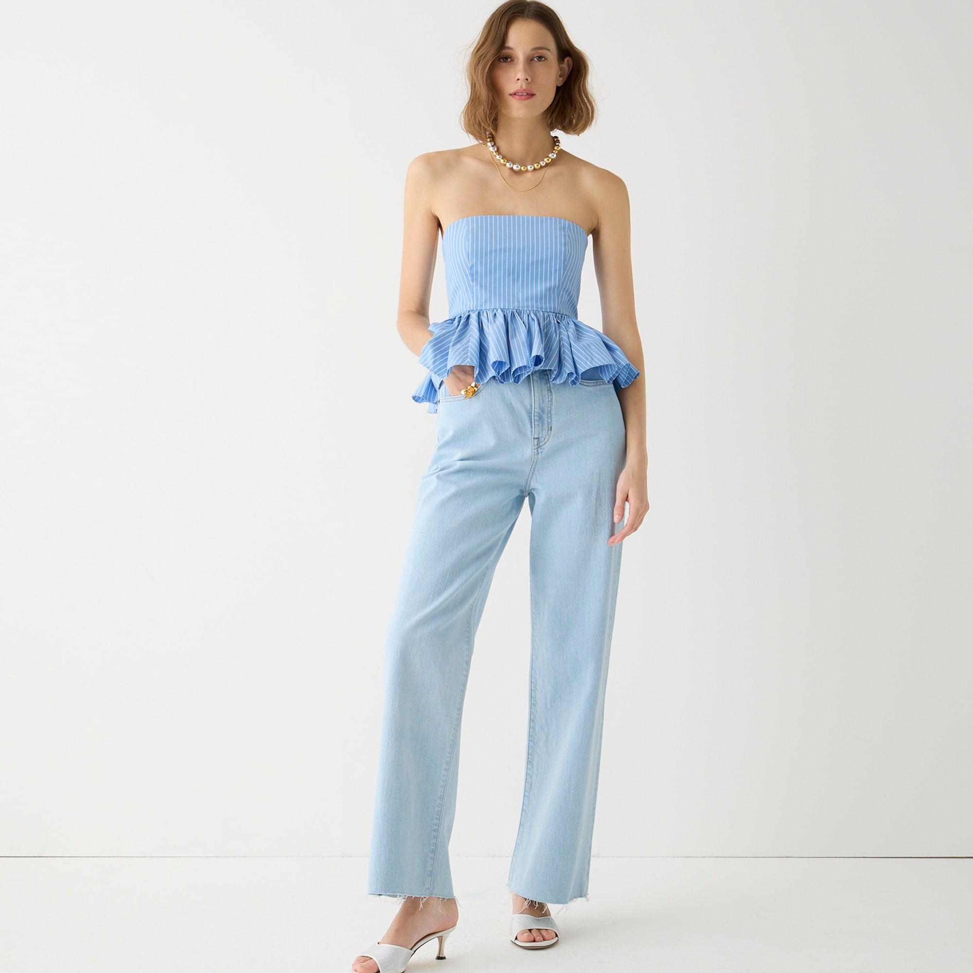 Strapless peplum top in stretch cotton poplin-blend stripe