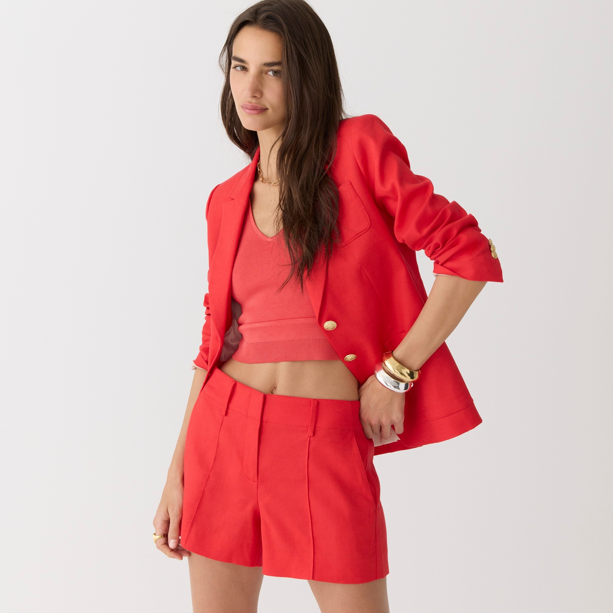 Pintuck suit short in stretch linen blend