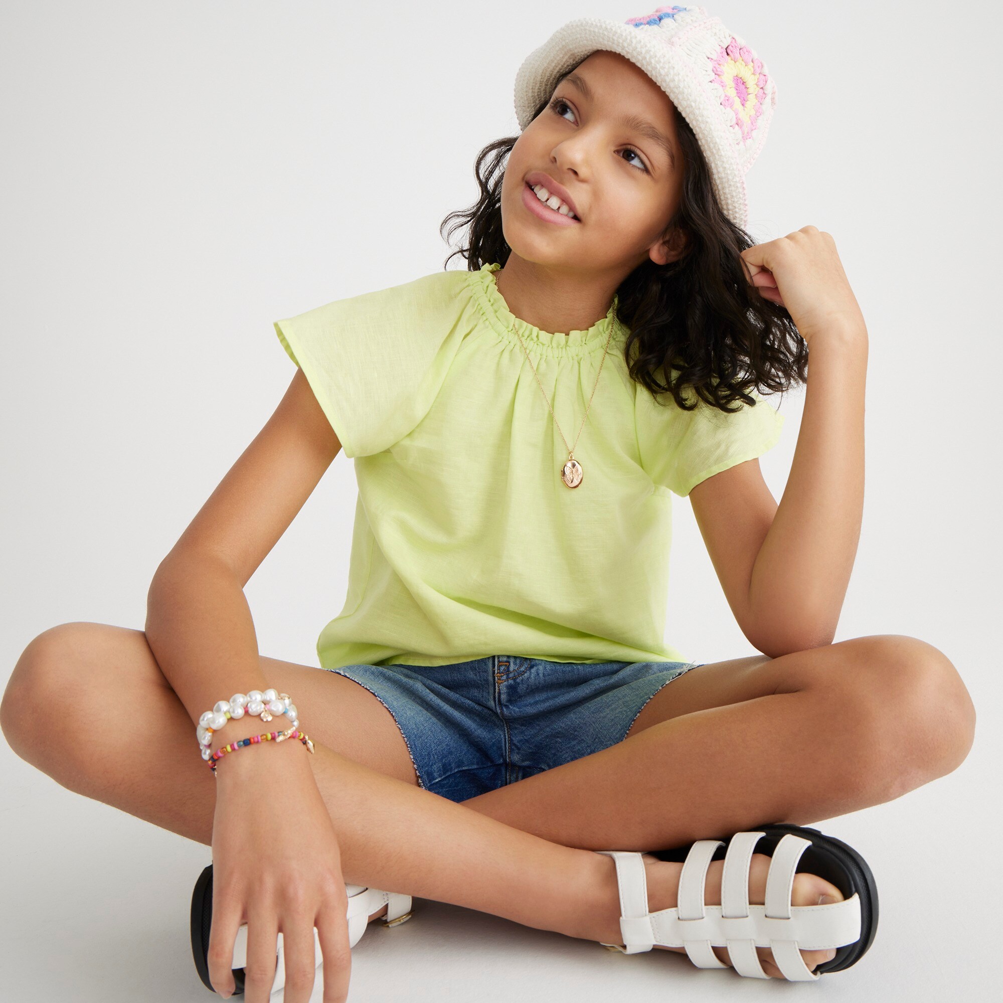 Girls' flutter-sleeve top in linen blend