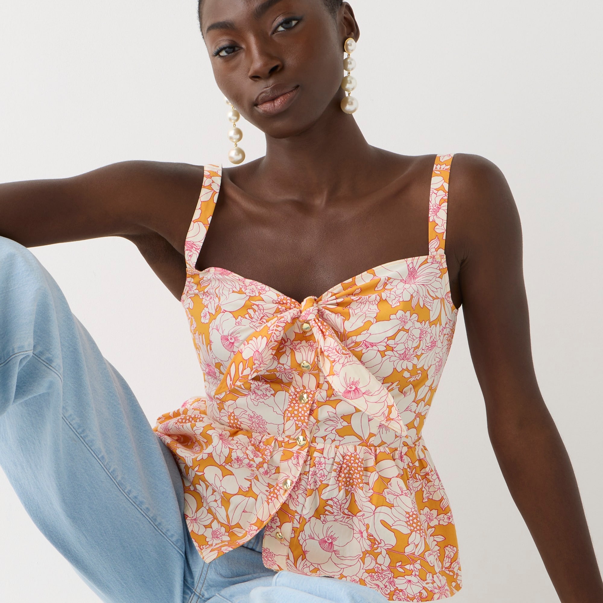 Tie-front button-up peplum top in floral cotton poplin