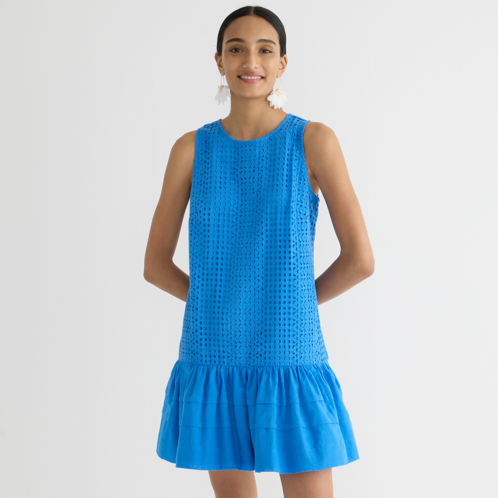 Pleated-hem shift dress in eyelet