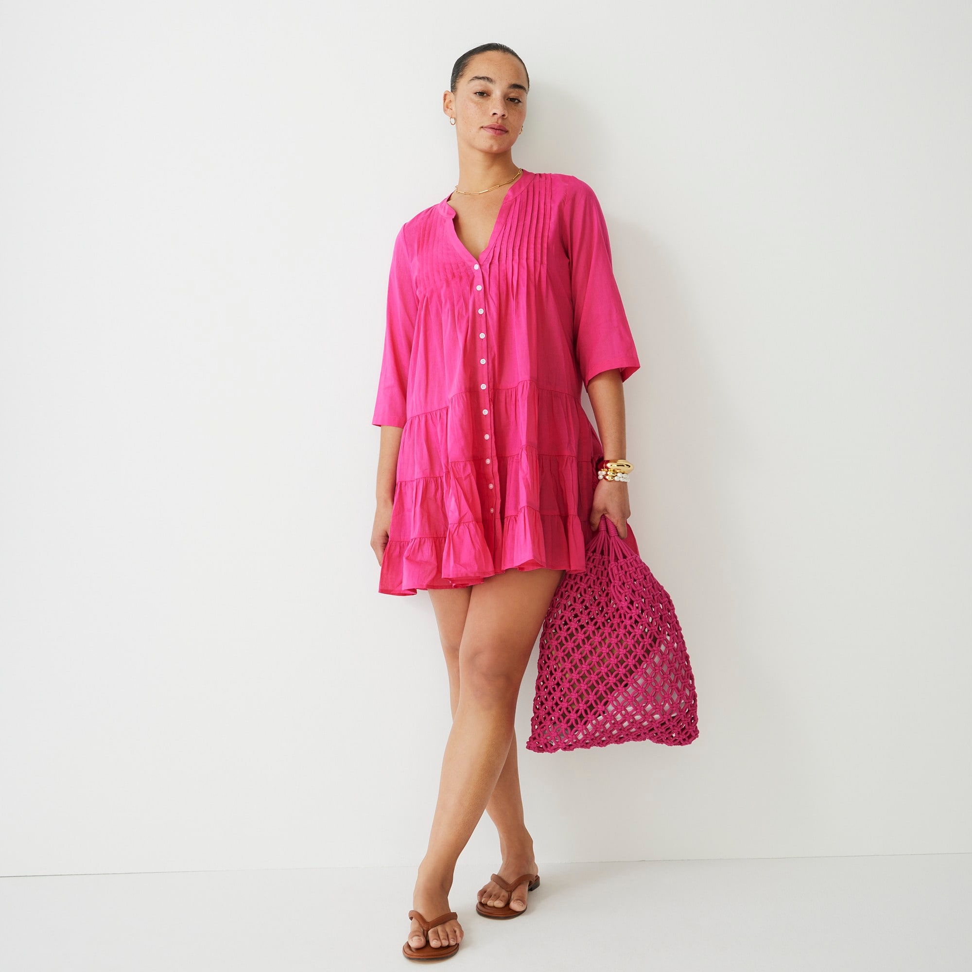 Button-front tiered cover-up dress in cotton voile