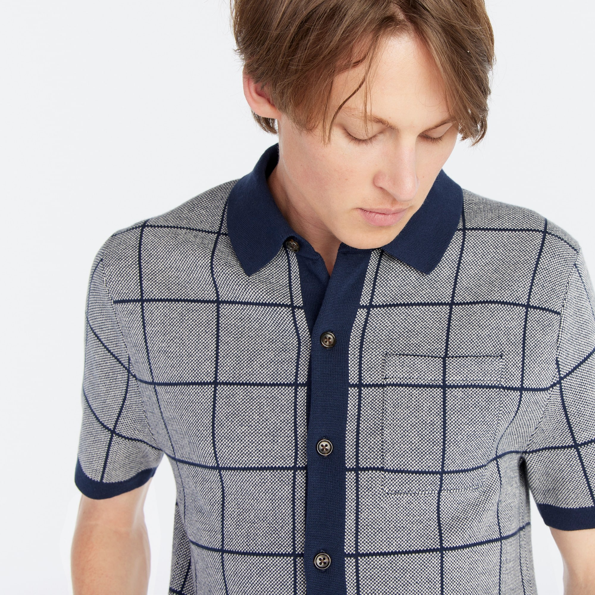 Cotton jacquard short-sleeve cardigan sweater-polo