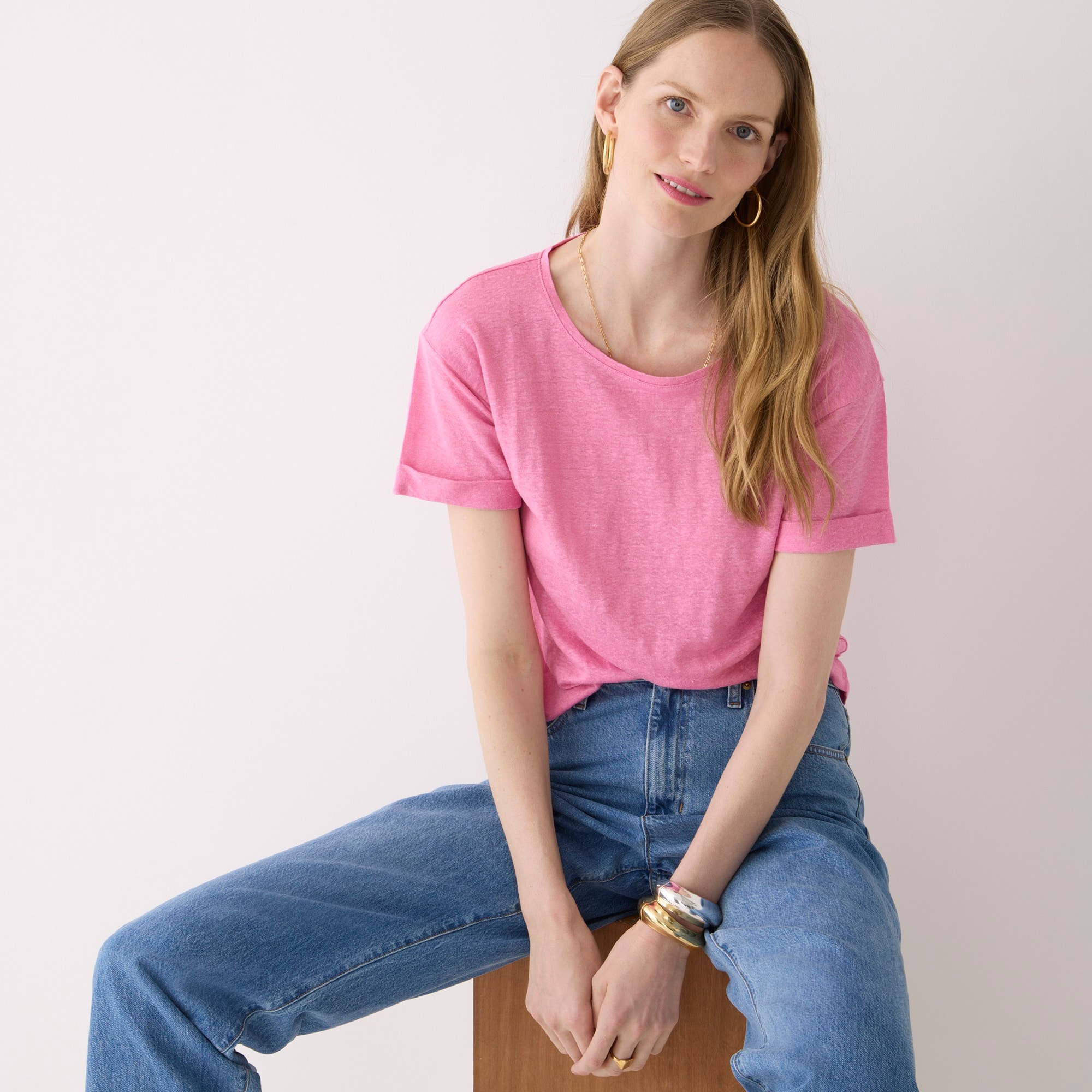 Linen roll-cuff crewneck T-shirt