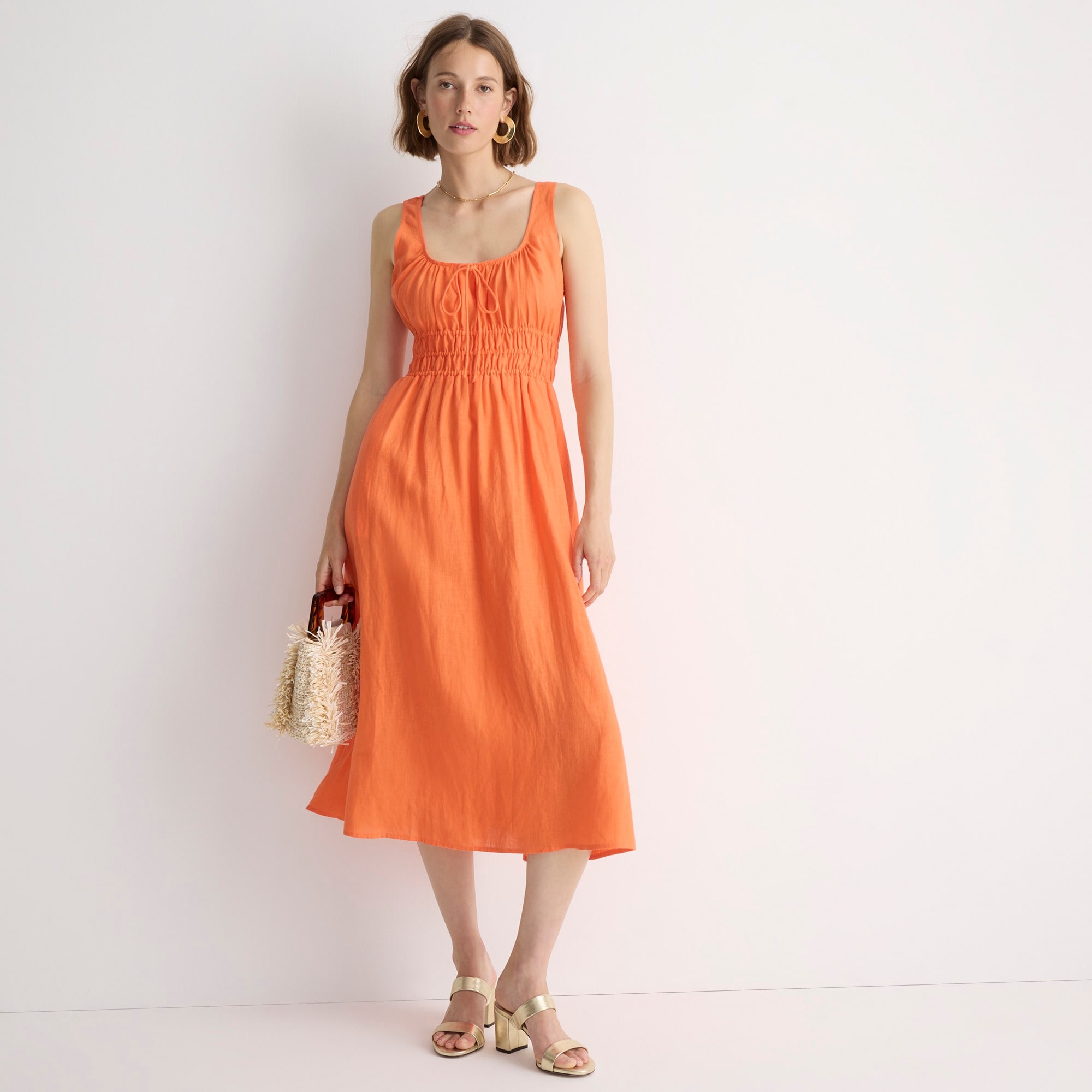 Smocked midi dress in linen