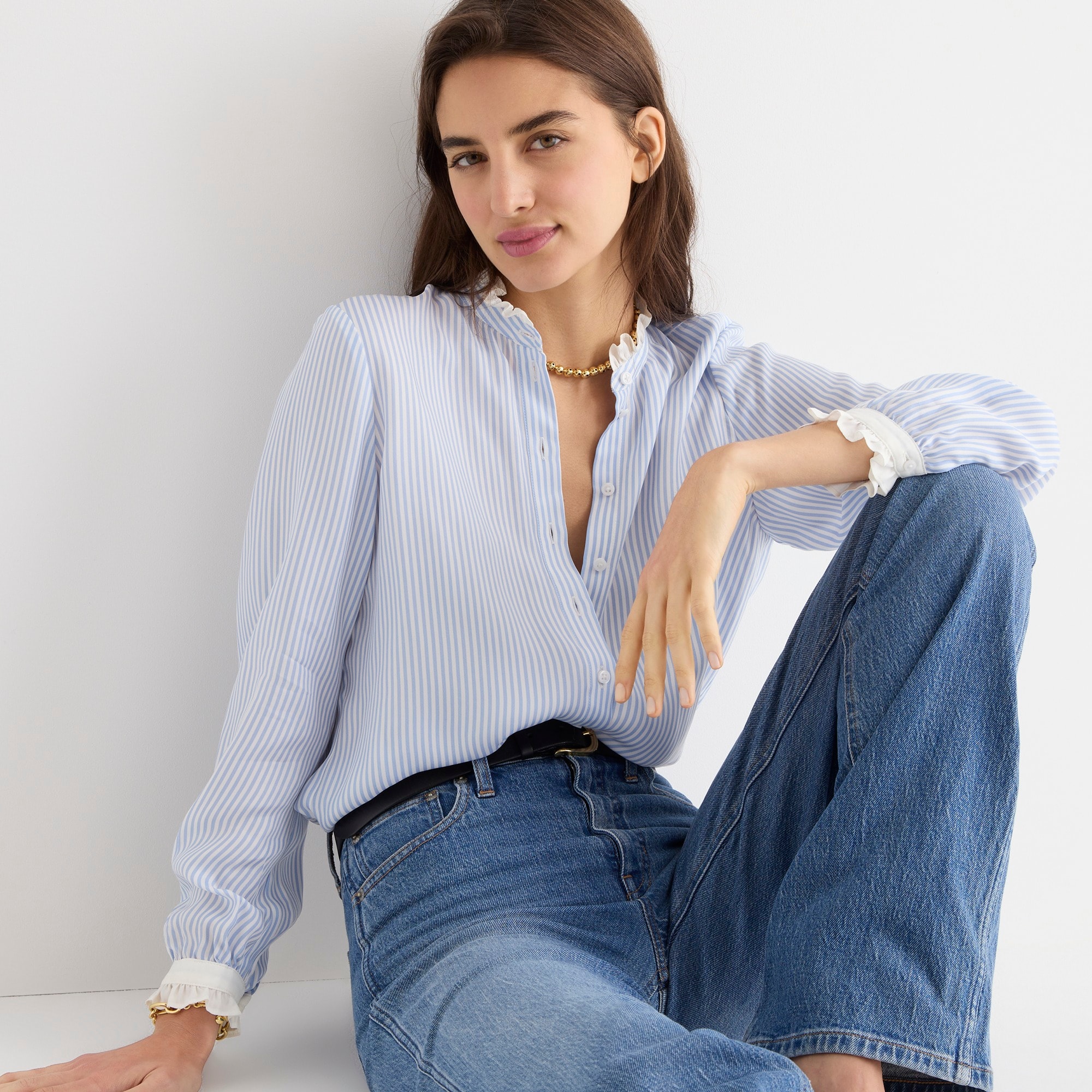 Drapey cupro-blend ruffle-trim shirt in stripe