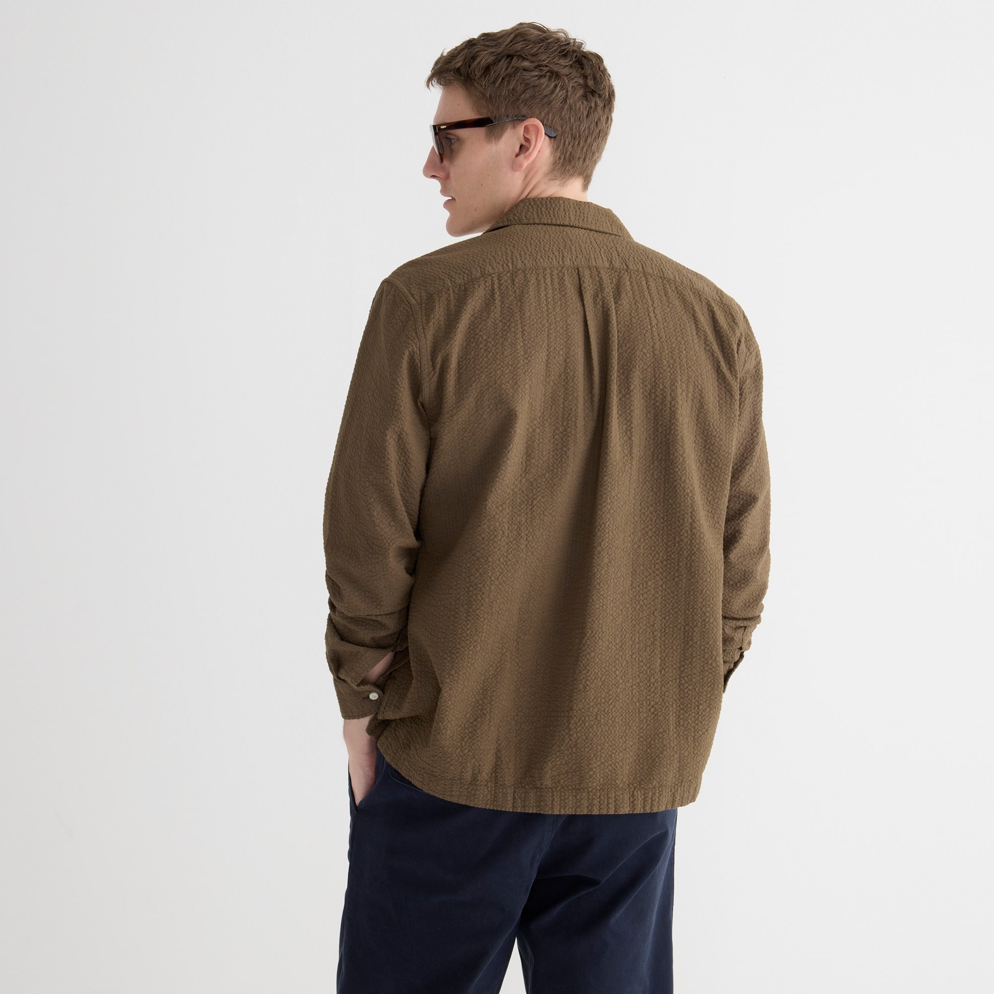Organic seersucker three-pocket camp-collar shirt