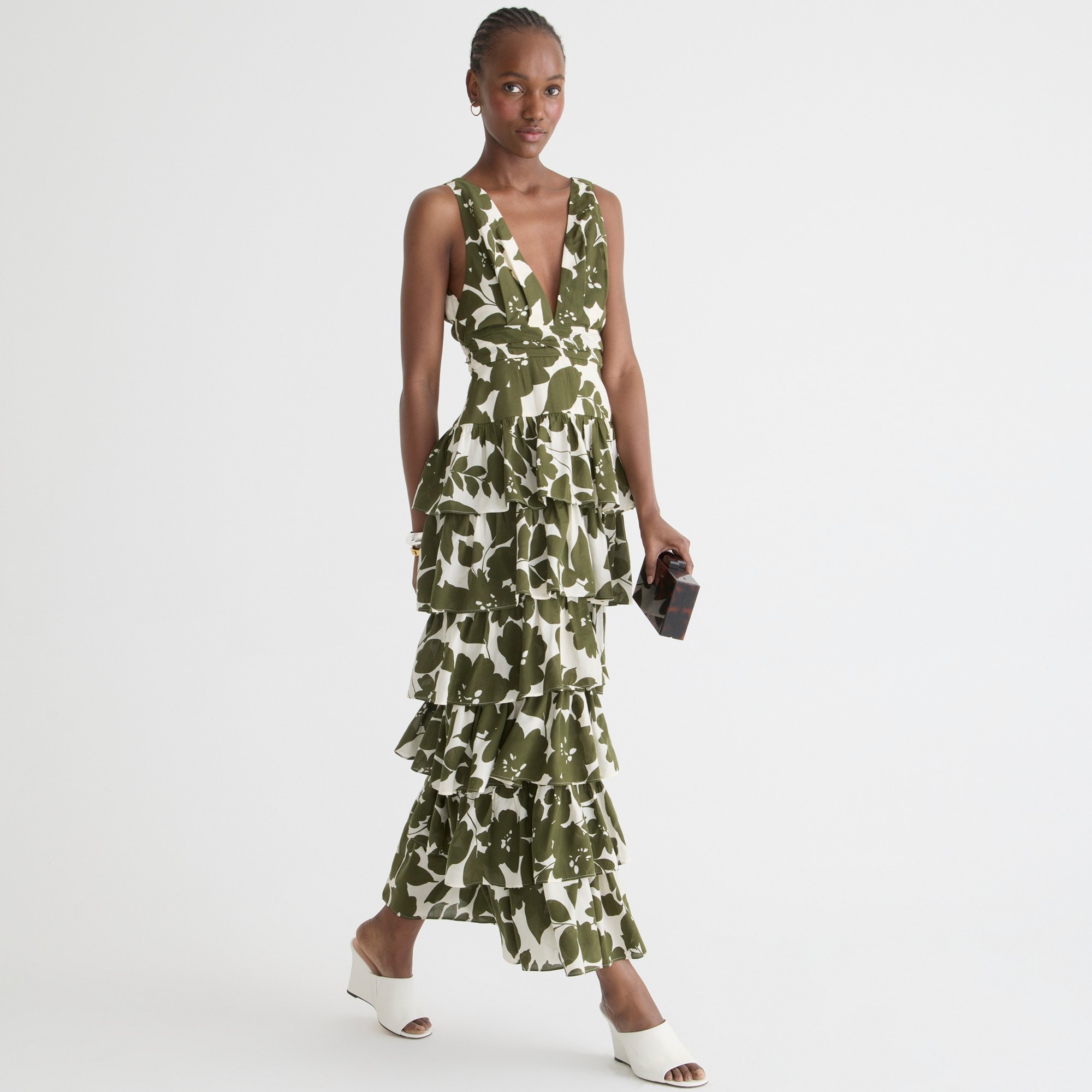 Collection plunge-neck tiered dress in leafy floral