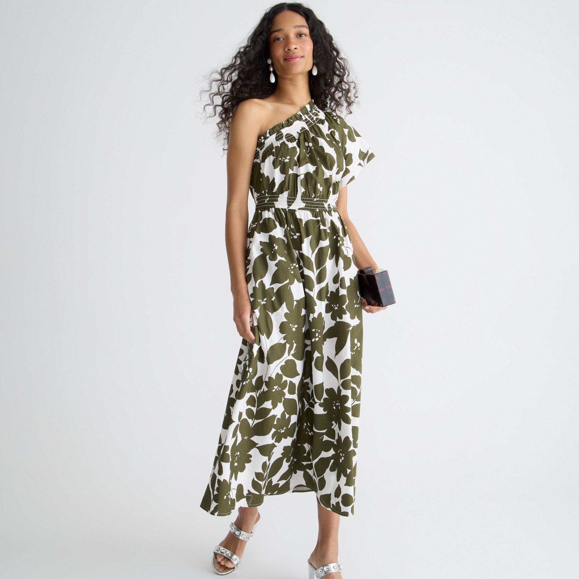 Smocked cotton poplin one-shoulder dress in leafy floral