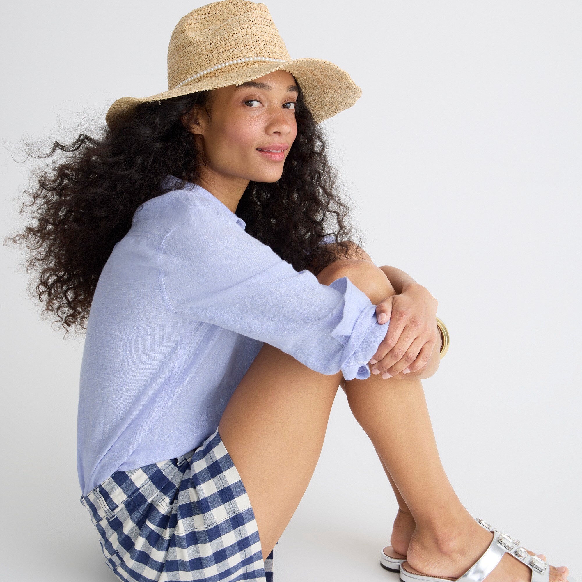 Wide-brim packable straw hat with pearls