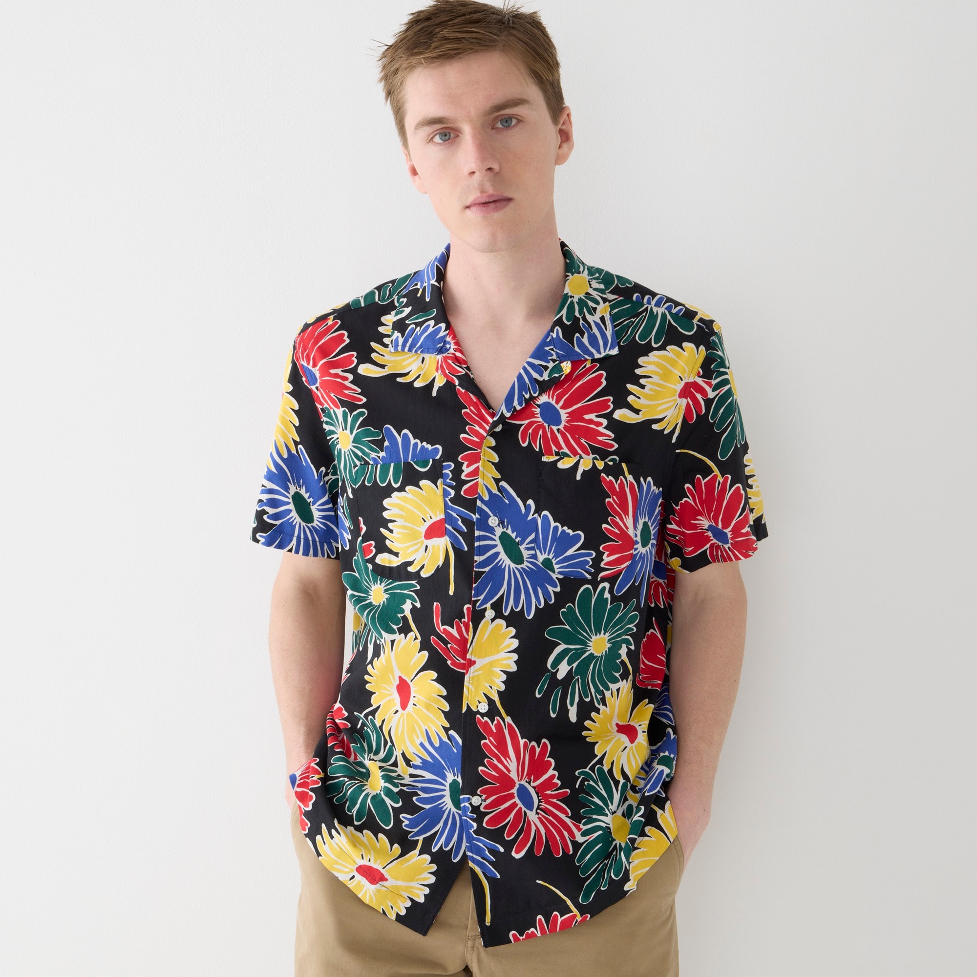 Cotton-viscose camp-collar shirt in print