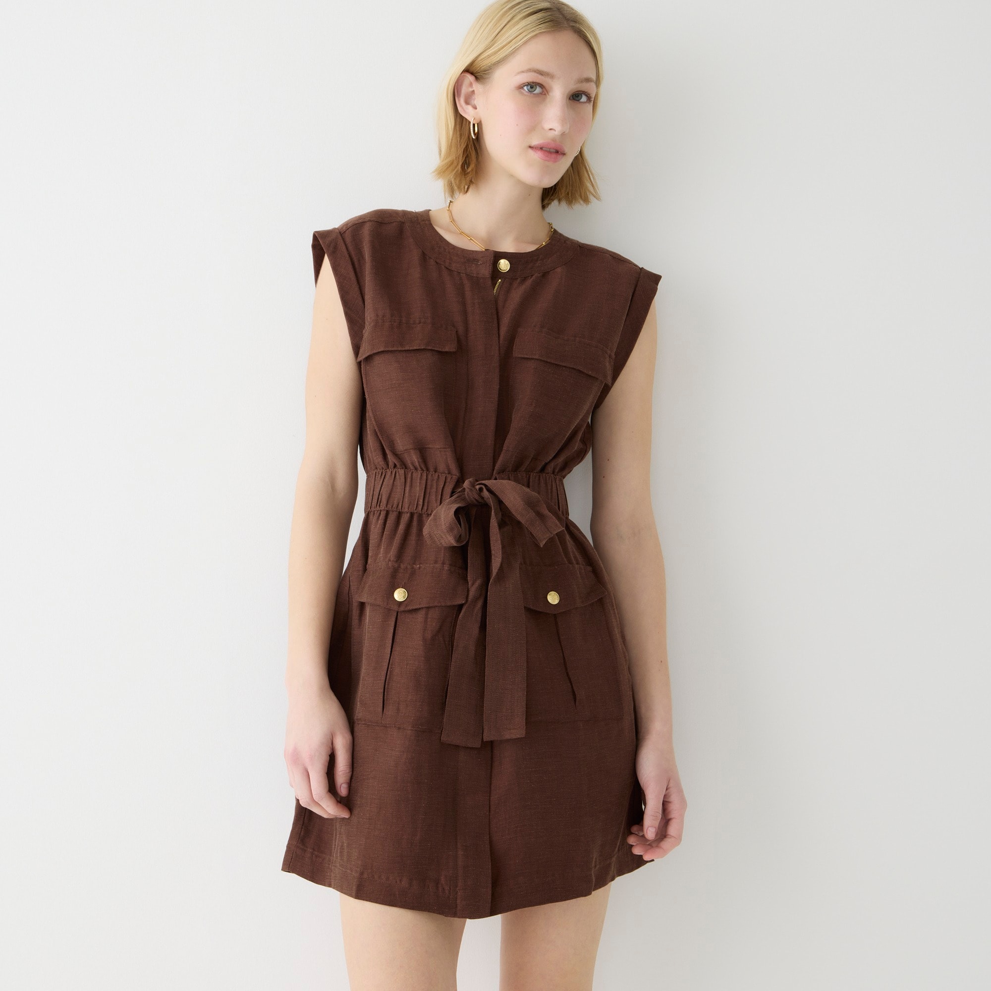 Tie-waist mini dress in Chelsea linen-cupro blend