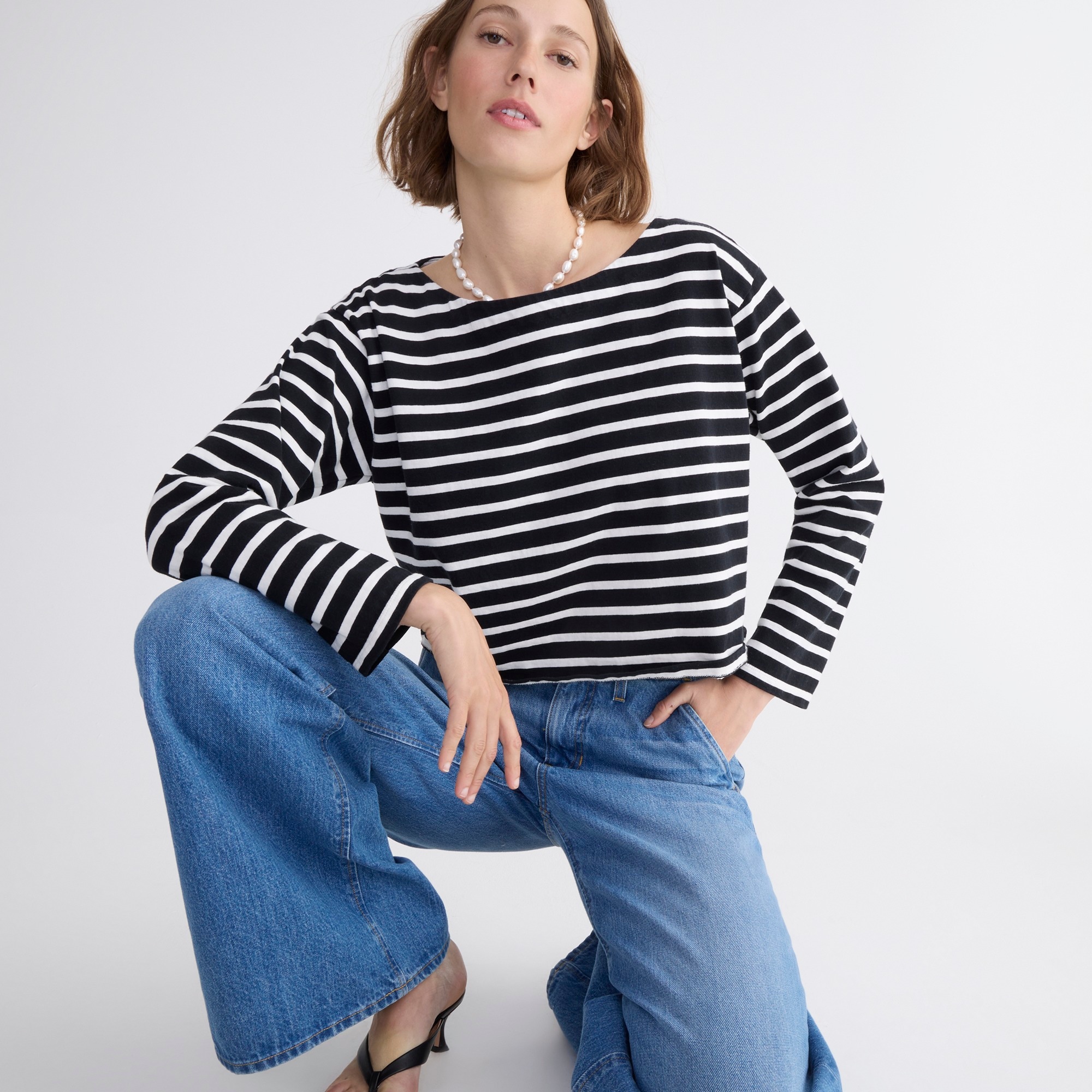 Cropped boatneck T-shirt in stripe