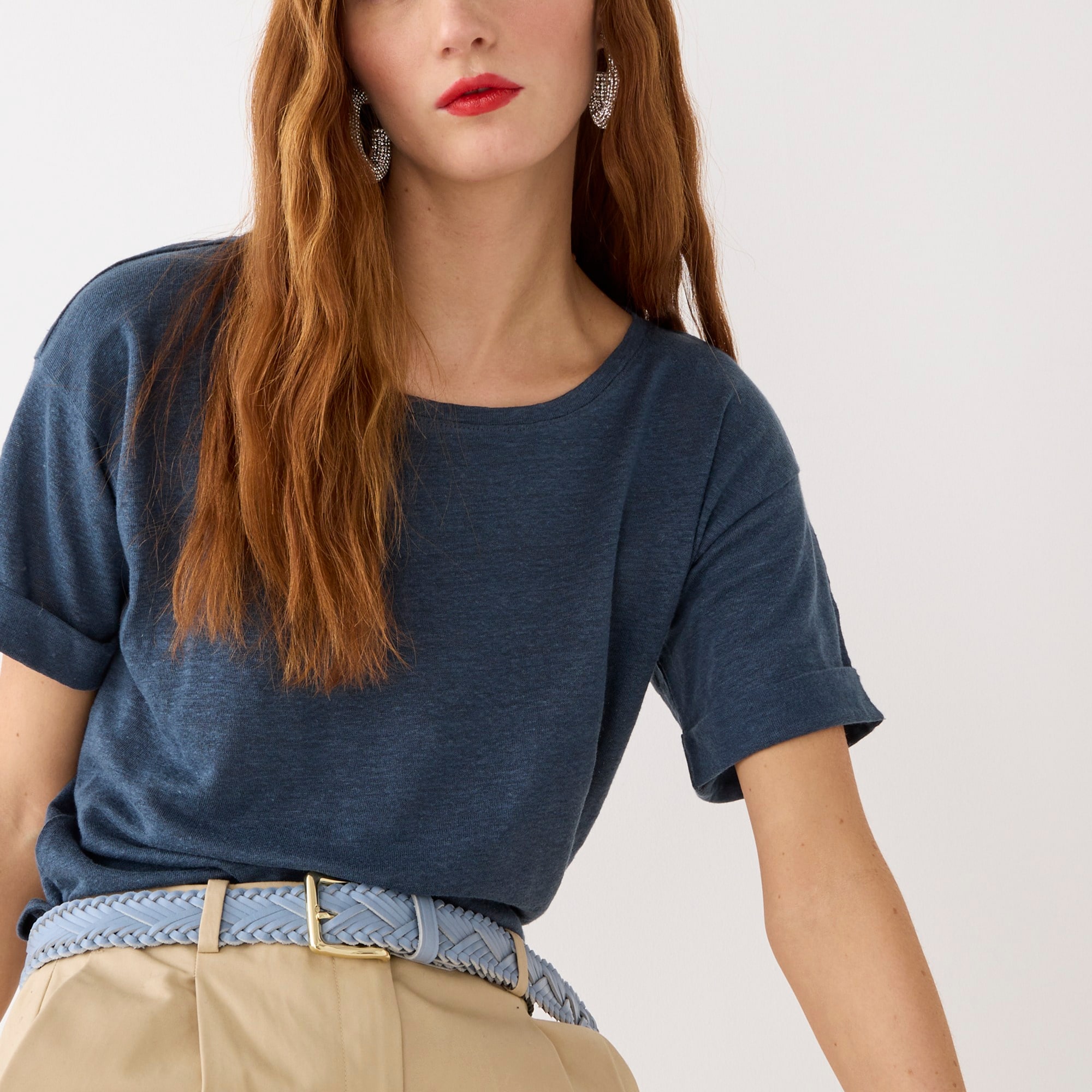 Linen roll-cuff crewneck T-shirt