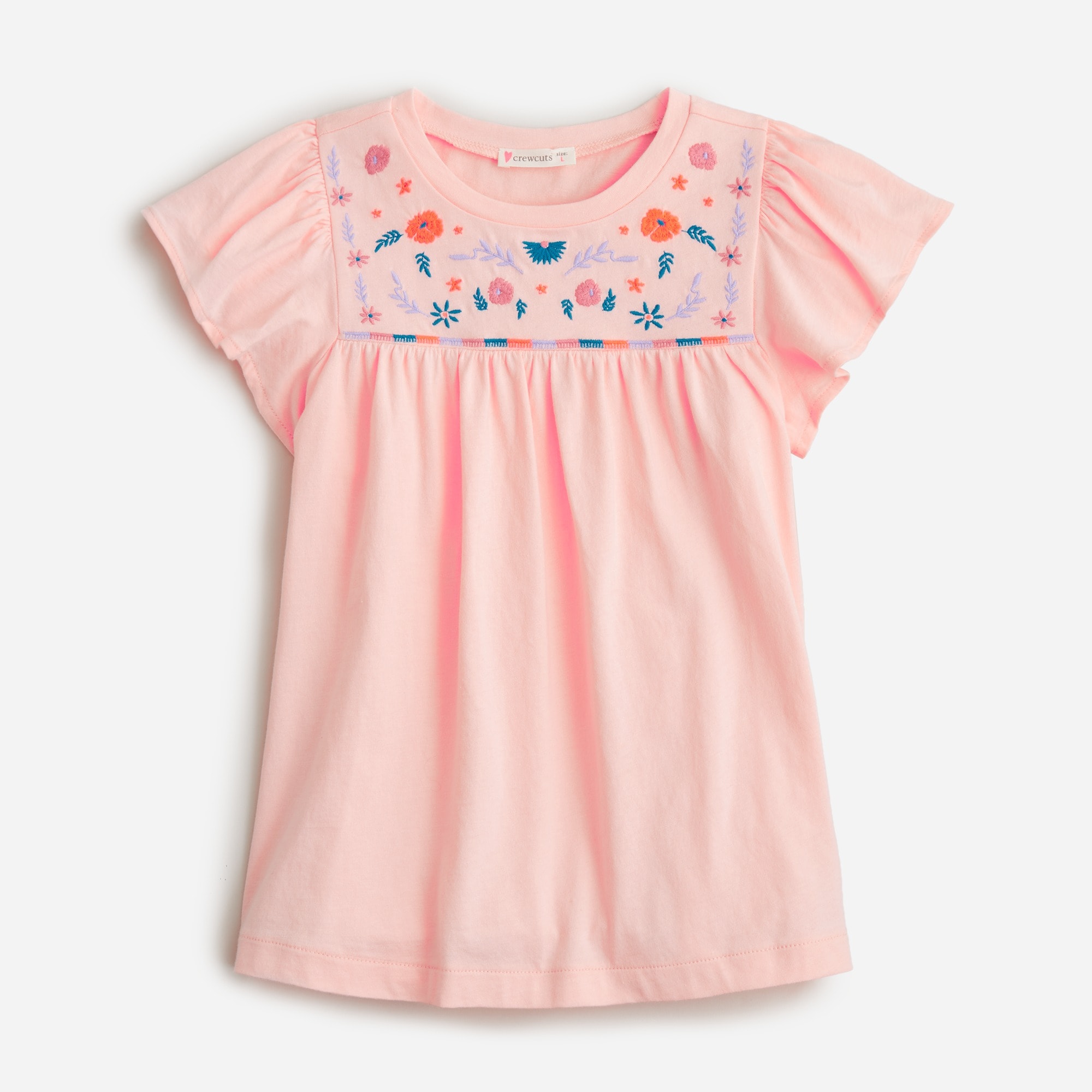 Girls' embroidered flutter-sleeve T-shirt