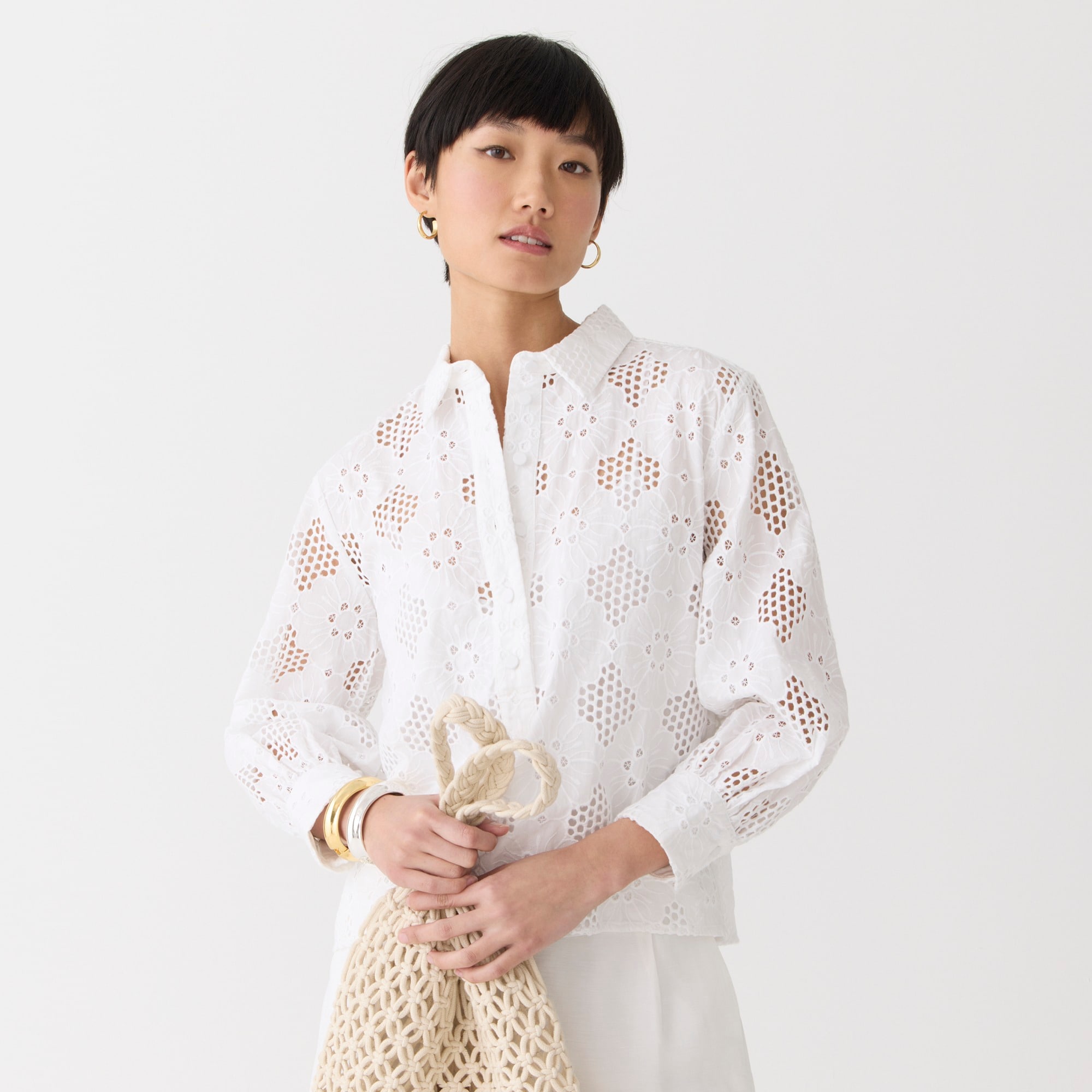 Long-sleeve popover top in eyelet
