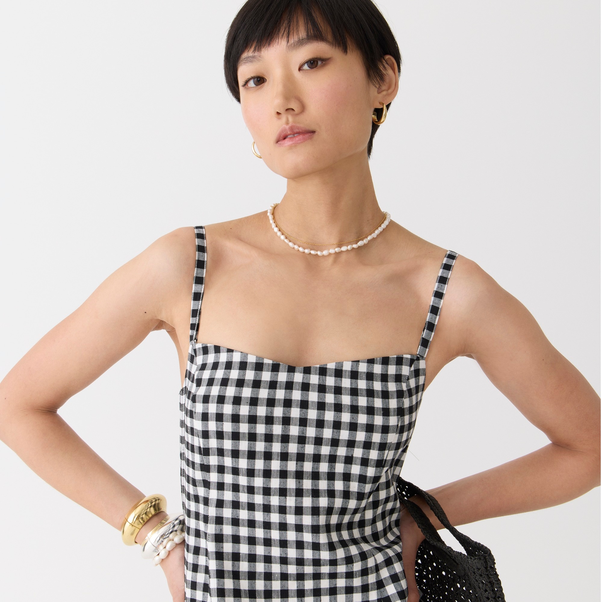 Sweetheart linen-blend sheath dress in gingham