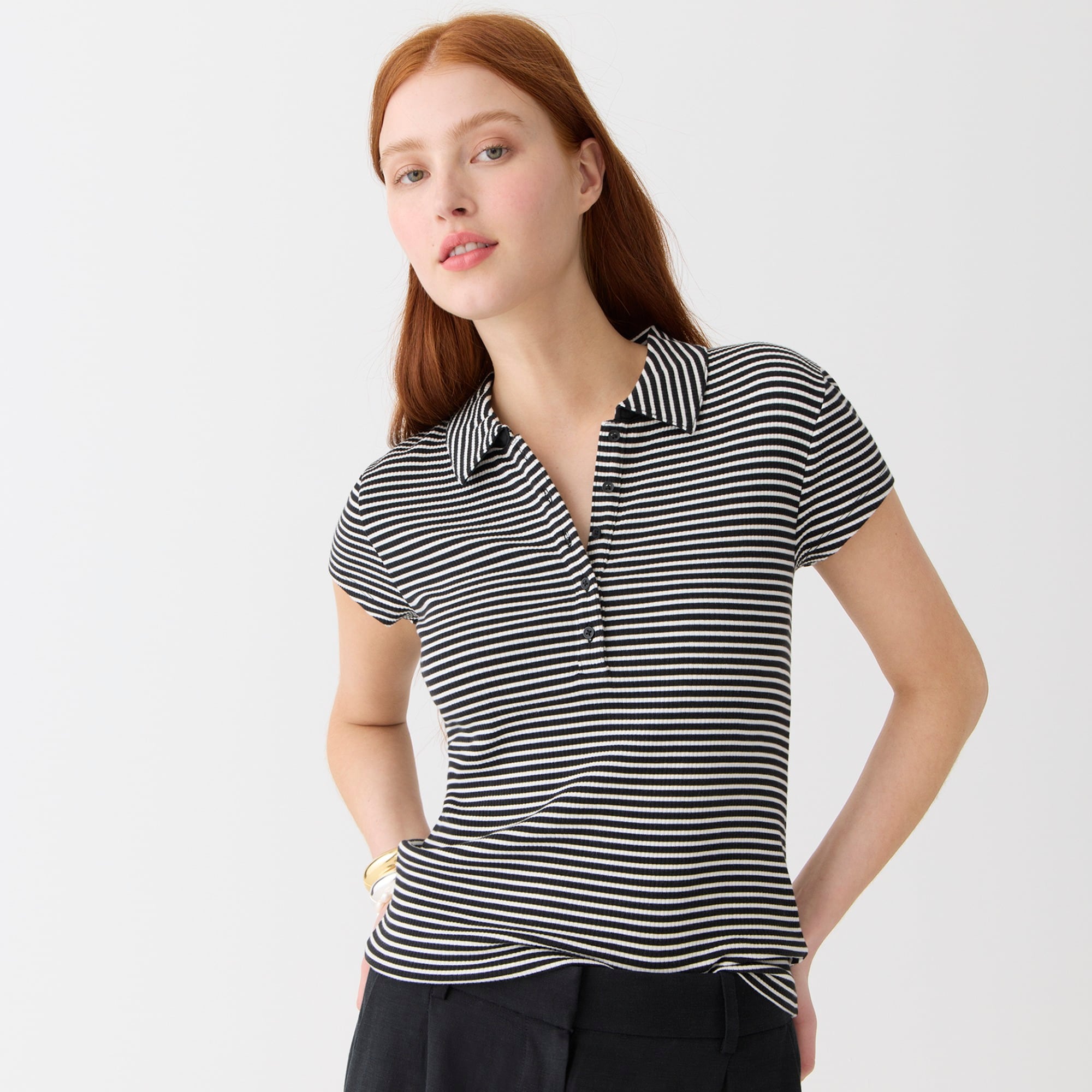Short-sleeve henley polo in striped vintage rib