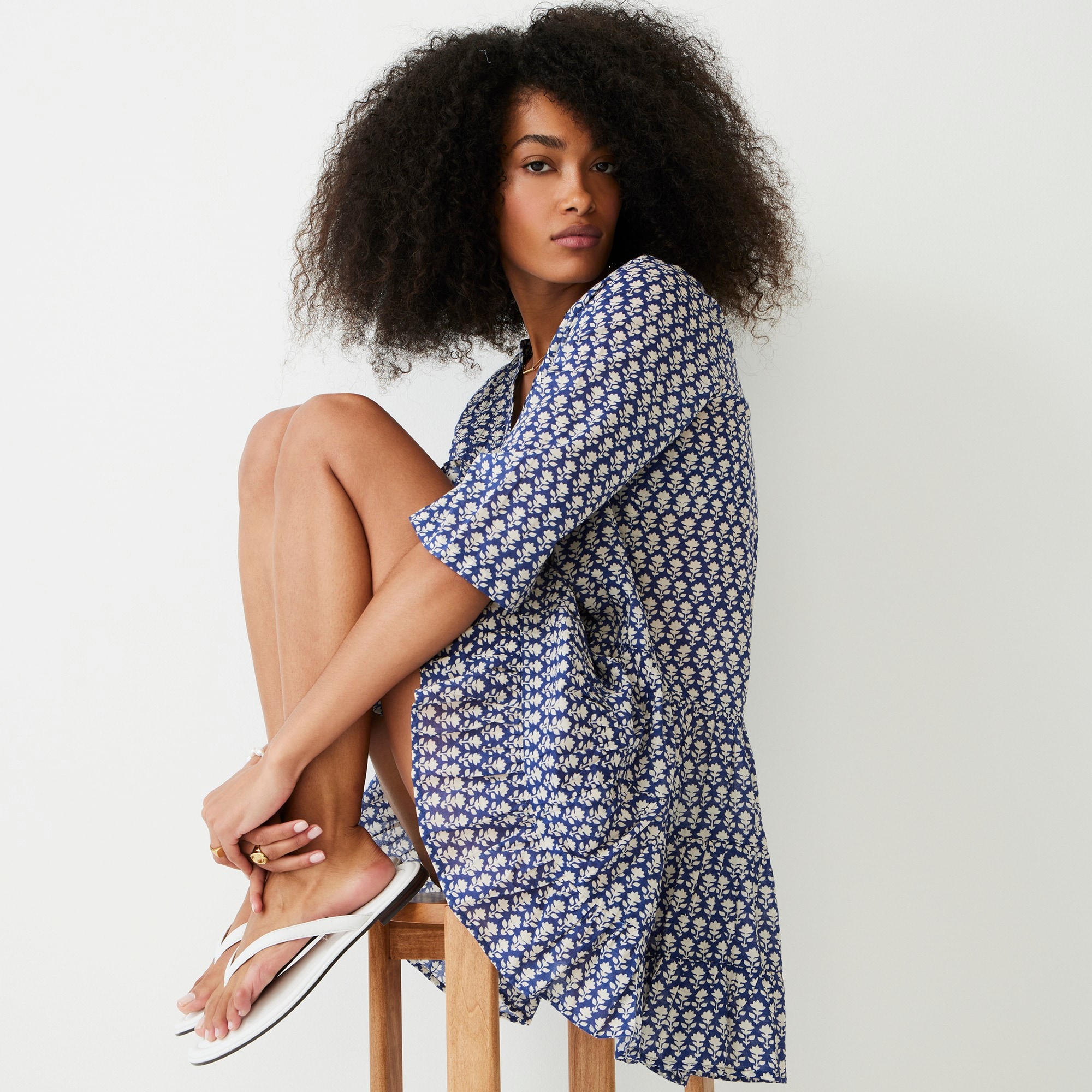 Cotton voile button-front cover-up dress in blue stamp floral
