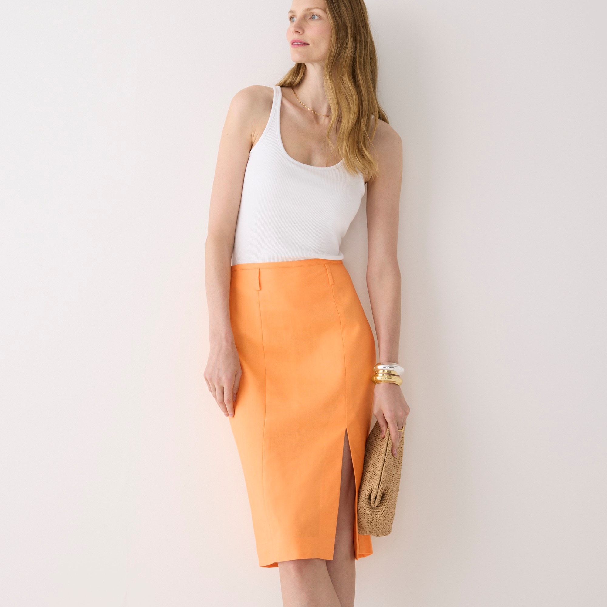 Stretch linen-blend midi pencil skirt